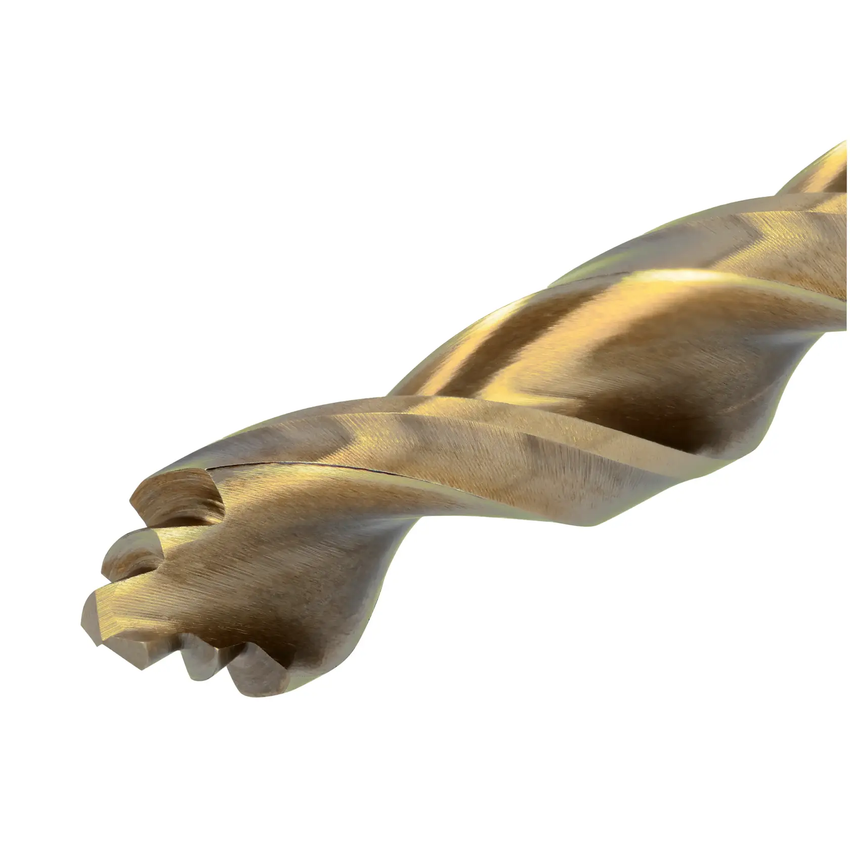 Close-up image of a DEWALT titanium-coated drill bit with a unique multi-cutting edge design, suitable for drilling through metal surfaces.