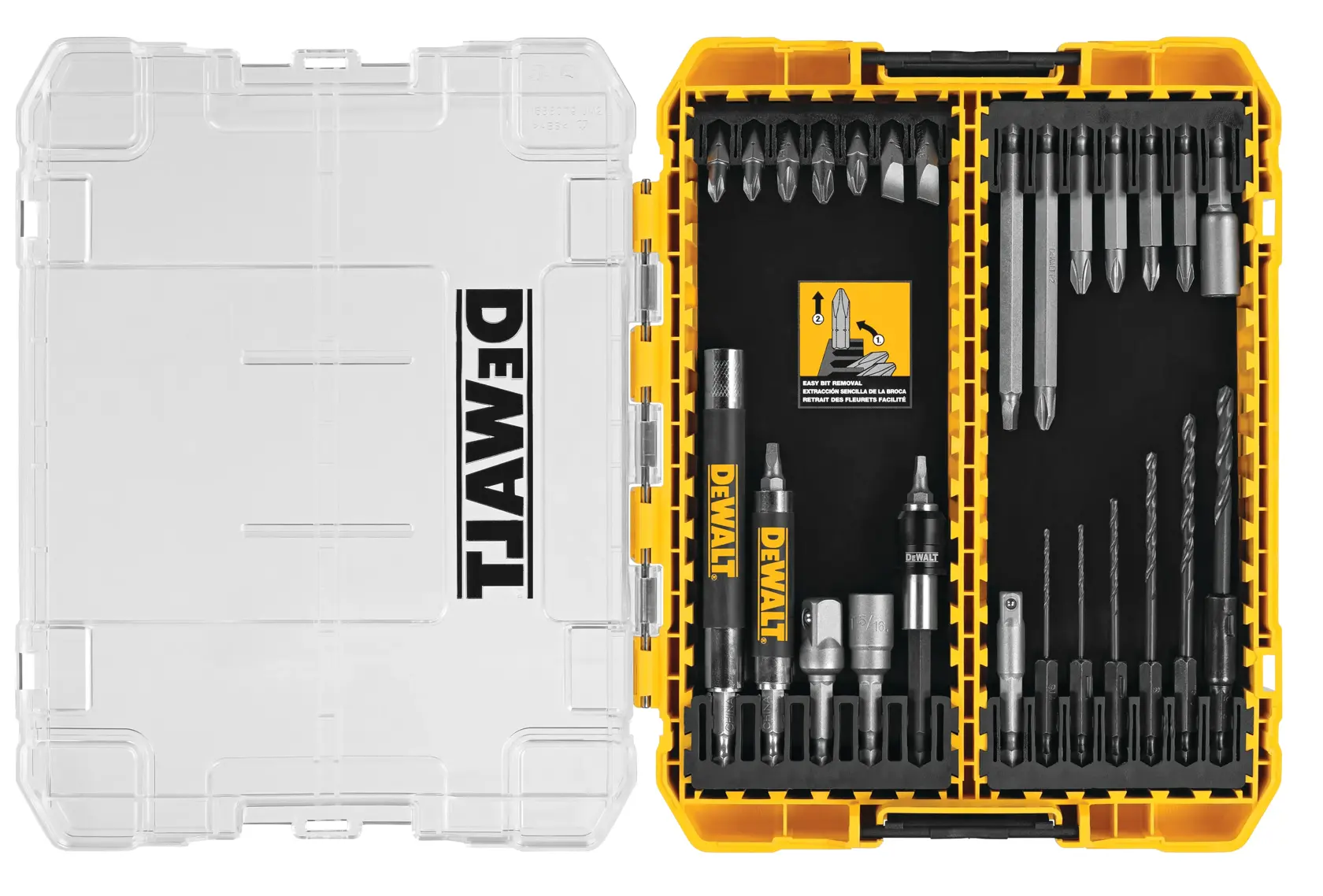 A DEWALT branded yellow and black plastic case open to display a set of drill bits and screwdriver bits organized neatly inside. The case has a transparent lid with the DEWALT logo.