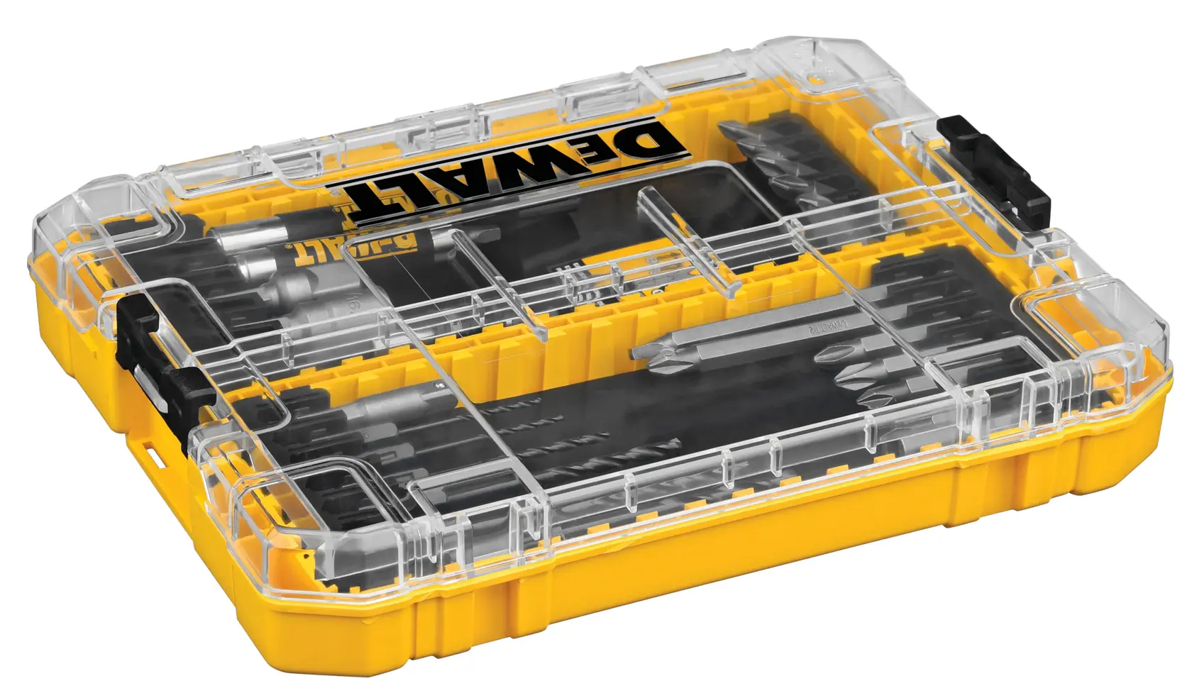 A DEWALT yellow and black plastic case with a clear lid, containing an assortment of drill bits and driver bits organized in separate compartments.
