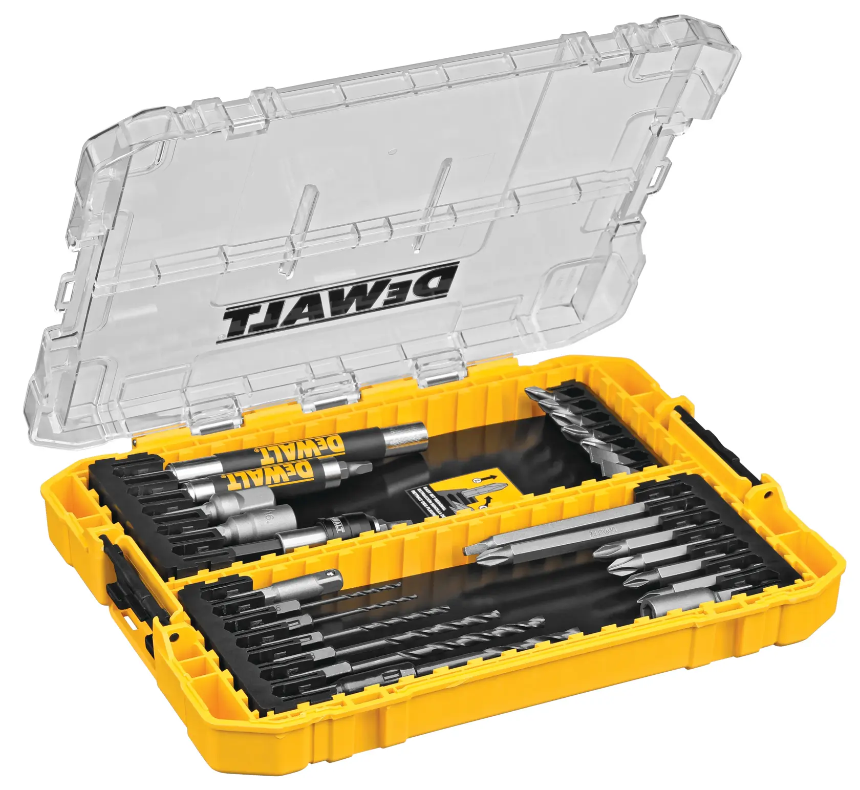 A yellow DEWALT branded plastic storage case with a transparent lid, containing a set of assorted drill bits and screwdriver bits arranged in compartments.