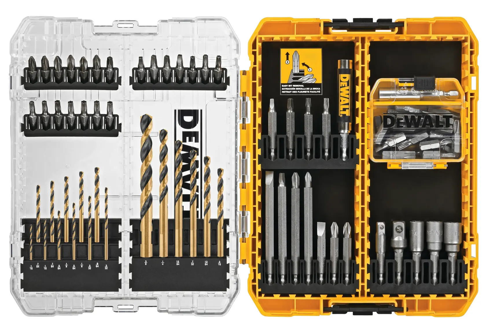 A DEWALT drill and screwdriver bit set in an open dual-sided plastic case. The left side contains drill bits and various screwdriver bits organized in rows, while the right side holds several screwdriver bits, nut drivers, and a smaller box labeled DEWALT for additional accessories.