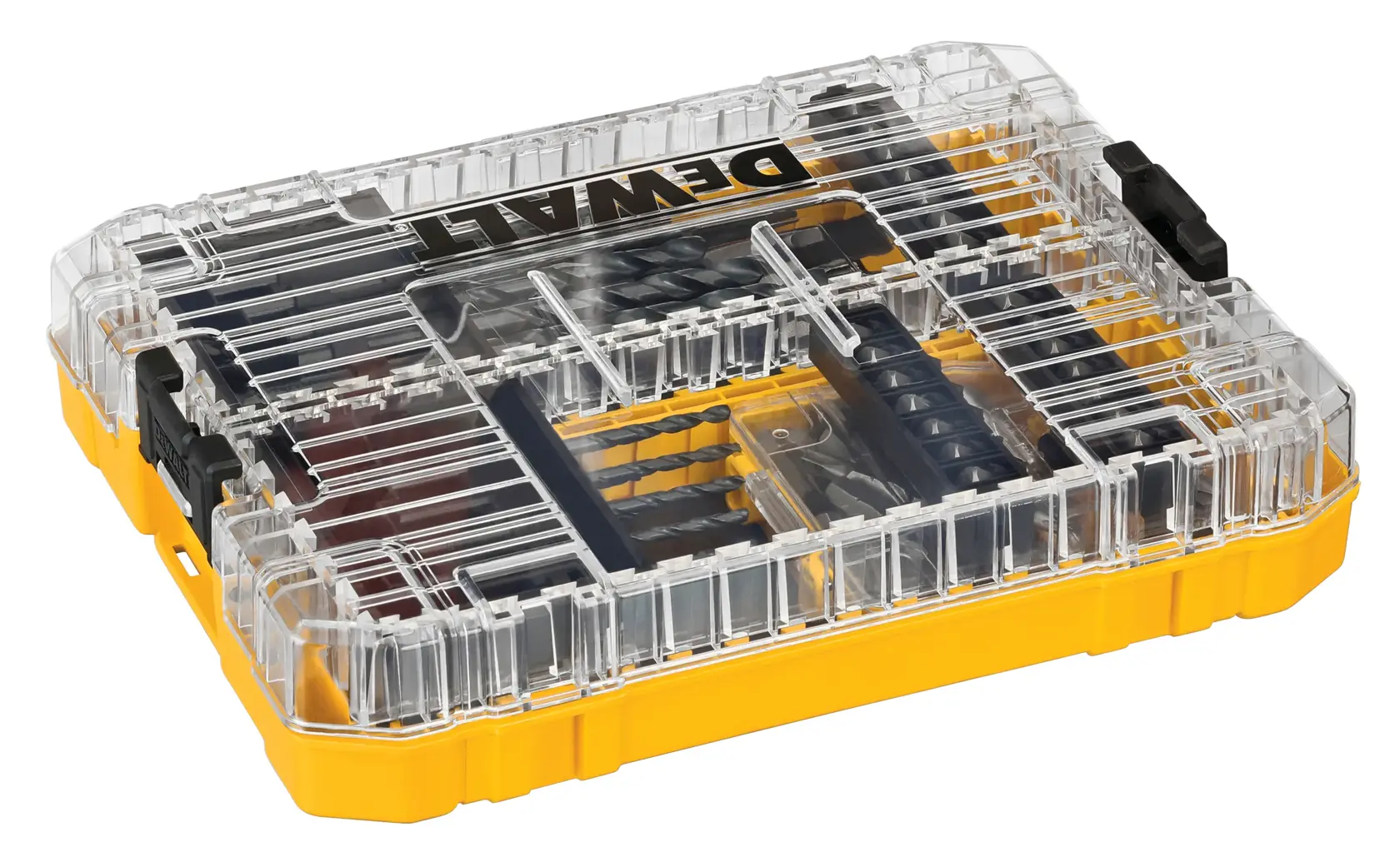 A DEWALT drill bit set in a yellow and clear plastic storage case with compartments, viewed from an angle. The case is closed and shows various drill bits organized inside.
