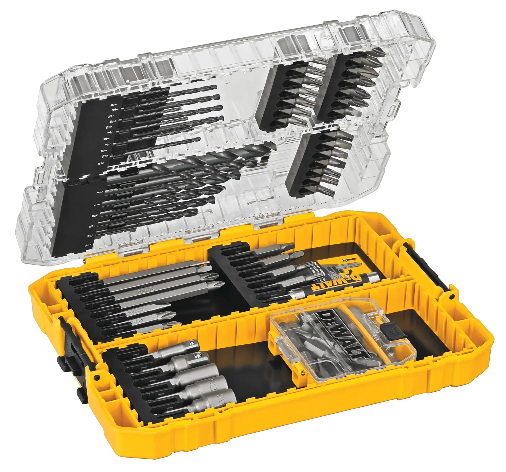 A yellow DEWALT case opened to display a variety of drill bits, screwdriver bits, and accessories organized in compartments. The clear plastic lid reveals additional drill bits and bit holders.