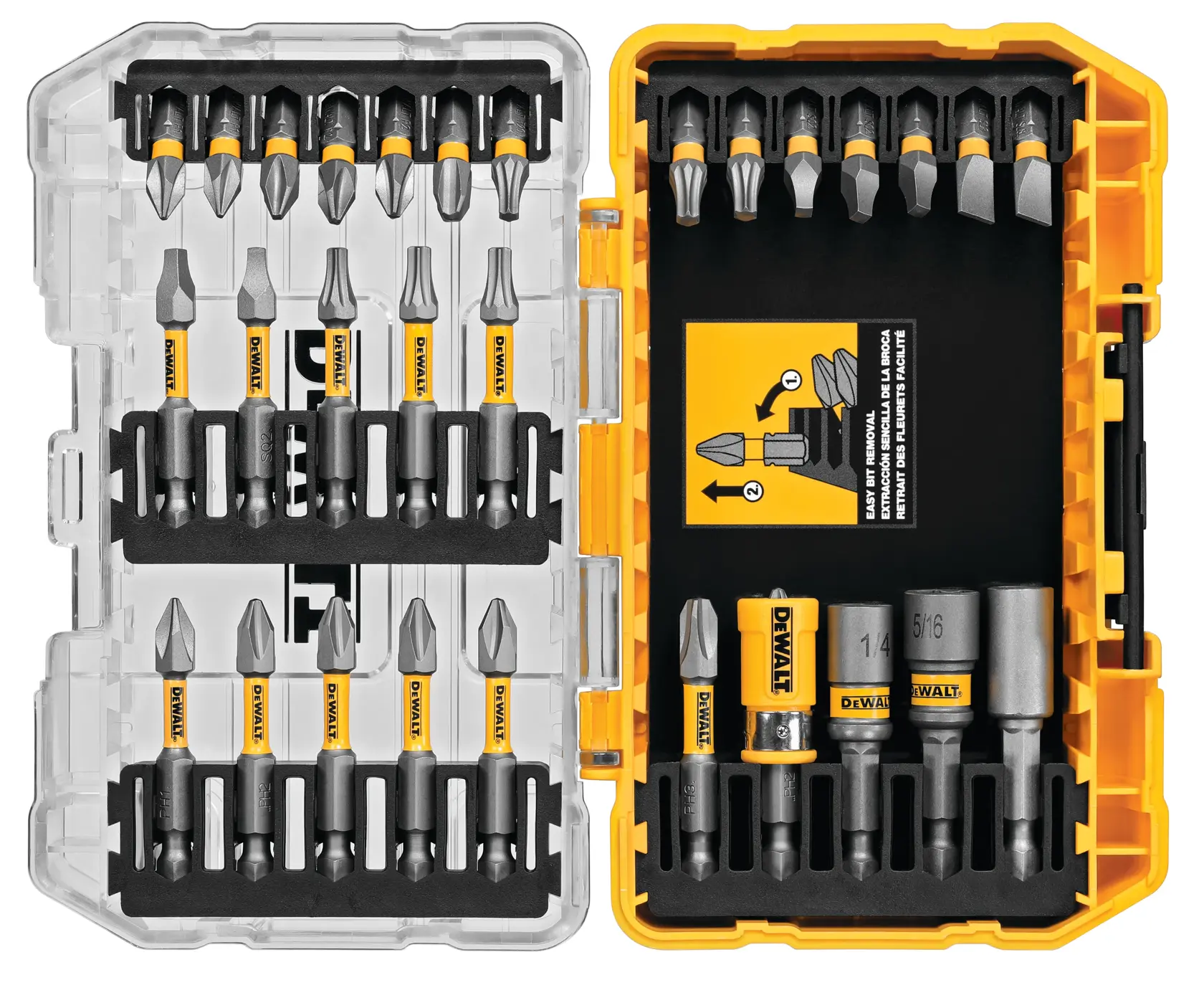 Overhead view of max fit screwdriving bit sets with open Tough Case system.