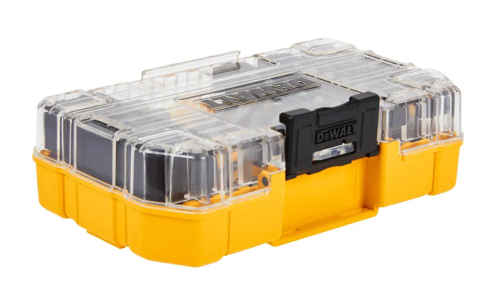 DEWALT Maxfit Ultra product graphic showing a detailed inventory of screwdriver bits, bit holders, nut drivers, drill bits with titanium nitride coating, and a case. The set includes a variety of phillips, square, slotted, star (torx) bits, and hex drill bits, with sizes and quantities listed for each.