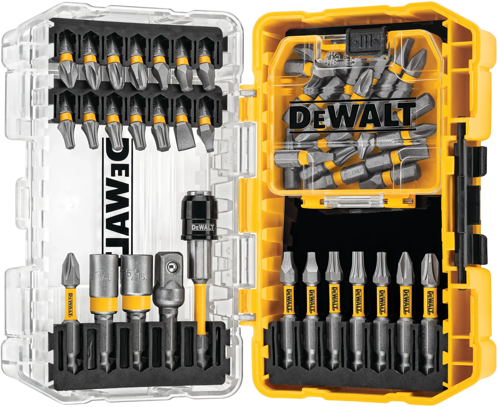 Overhead view of  50 piece Max Fit screwdriving bit set with Tough Case system.