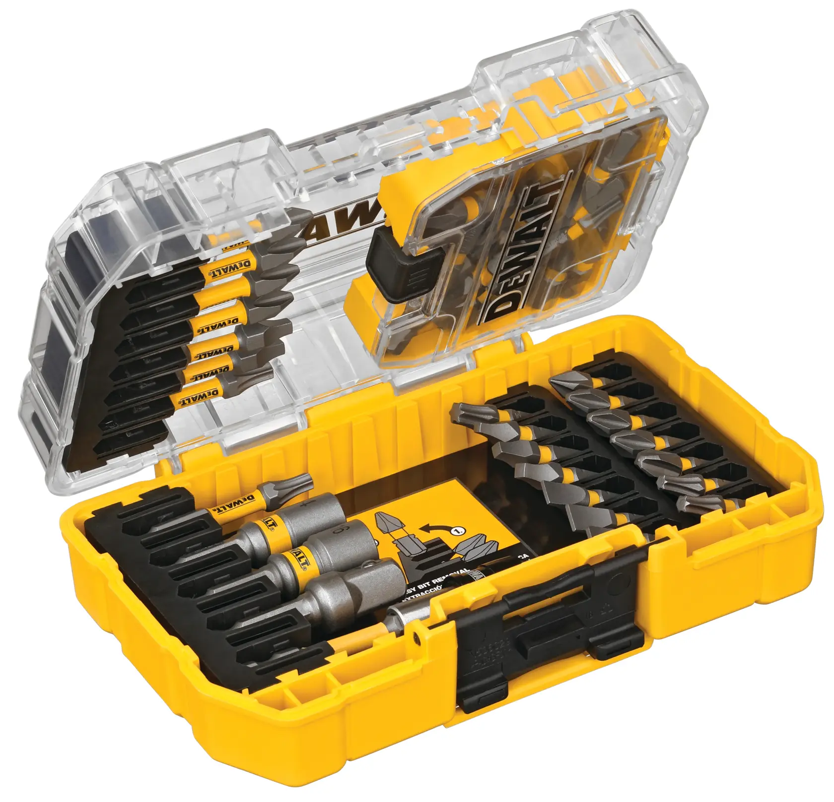 Profile of open  50 piece Max Fit screwdriving bit set with Tough Case system.