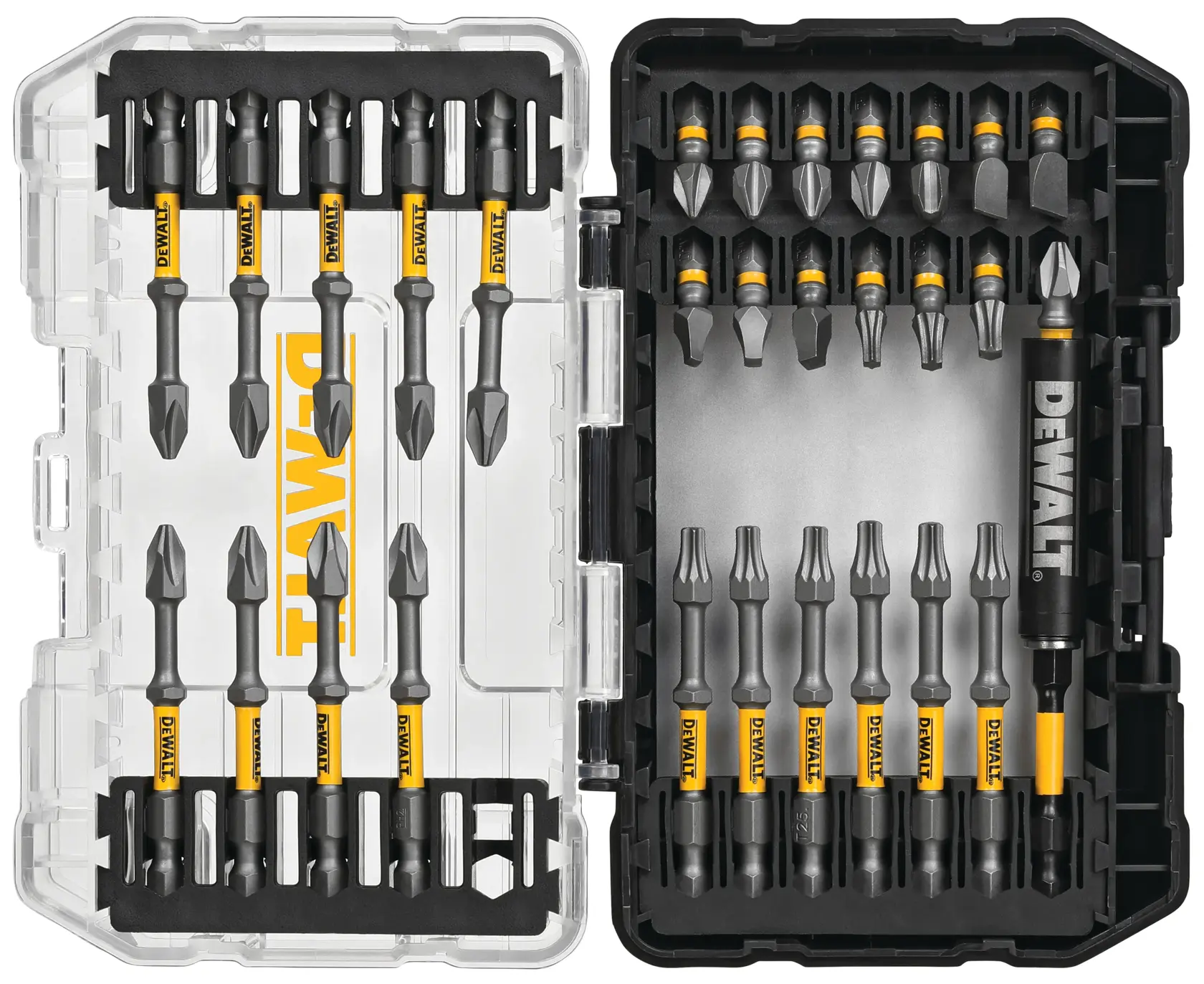 Overhead view of  30 piece Max Impact screwdriving bit set with Tough Case system.