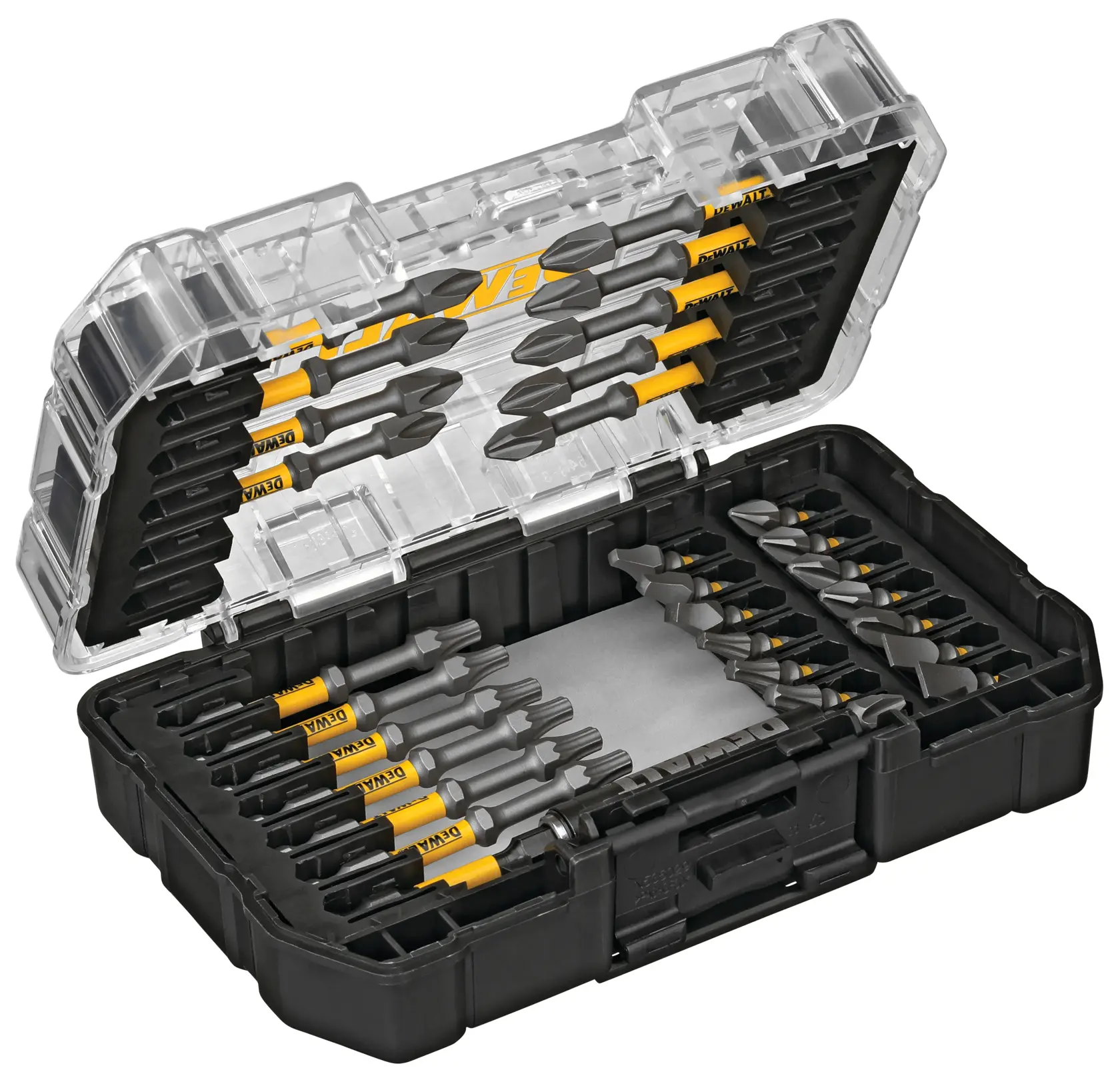 Profile of open  30 piece Max Impact screwdriving bit set with Tough Case system.