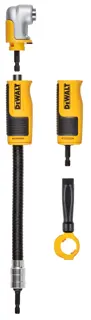 A DEWALT specialty screwdriver set featuring flexible and right angle drill attachment components. The set includes a yellow and black flexible shaft, right angle driver attachment, a straight driver attachment, and a black accessory tool.