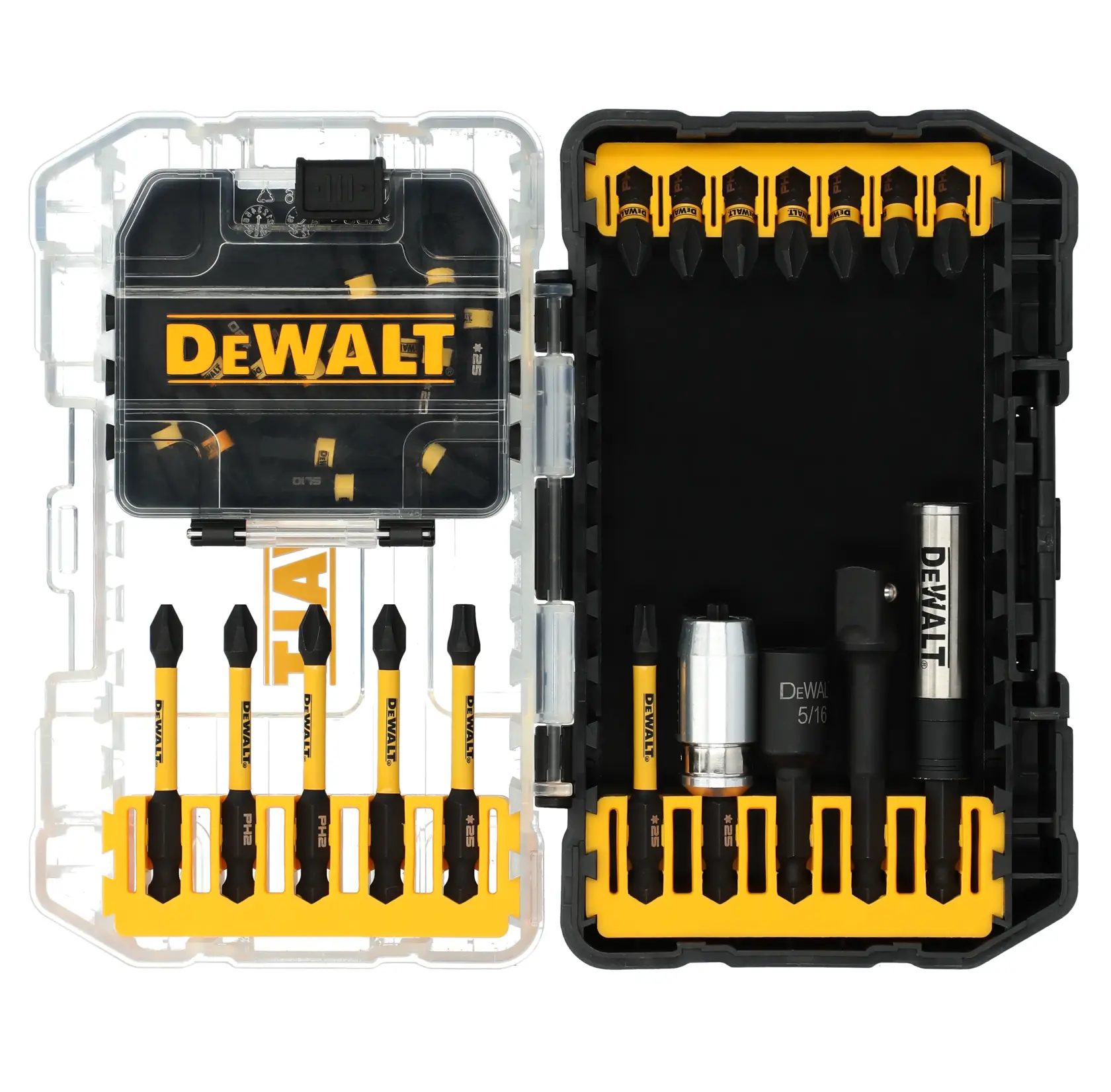 A DEWALT branded clear plastic case containing a set of drill and screwdriver bits, neatly organized with visible yellow holders inside.
