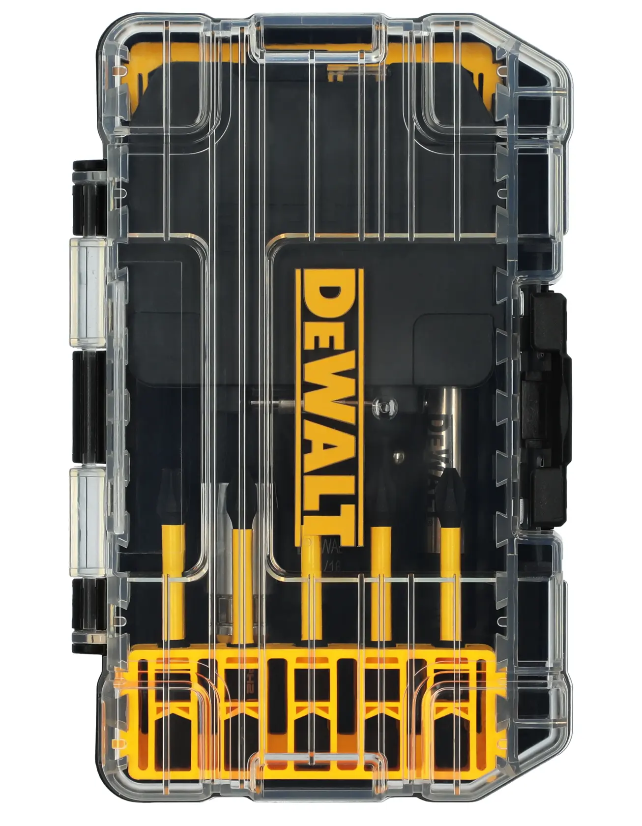A DEWALT branded, transparent and black plastic case with yellow compartments, used for organizing small tools or accessories.