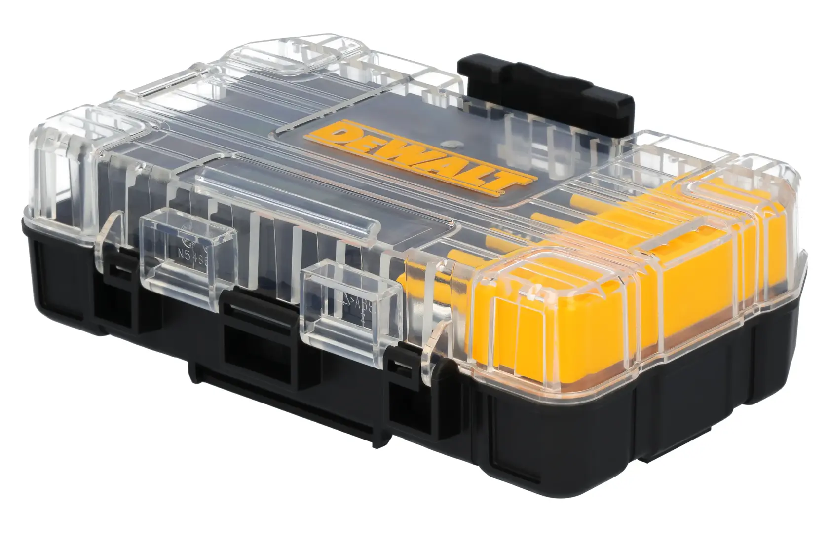 Product information sheet for the DEWALT Elite Series DWANGFT32SET graphics set. The sheet lists the included components: Phillips screwdriving bits (PH1, PH2, PH3) in various quantities and lengths; Torx bits (T15, T20, T25, T30); Square bits (SQ1, SQ2, SQ3); Slotted bits (SL6, SL8, SL10); a 5/16“ nut driver; a magnetic bit holder; a magnetic screw lock sleeve; a 1/4“ hex to 3/8“ square socket adapter; and one ToughCase® case. All quantities, sizes, and compatibility information are shown in a grid layout with colored icons.
