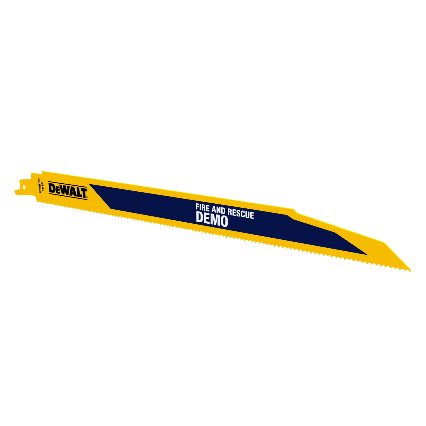 DEWALT yellow and blue recip saw blade labeled Fire and Rescue Demo, designed for cutting and demolition tasks.