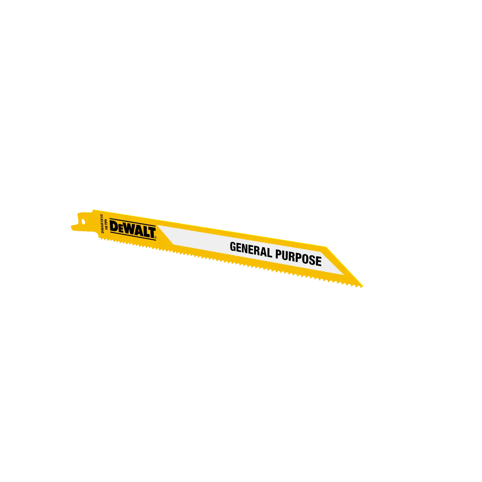 DEWALT general purpose reciprocating saw blade with yellow color and serrated edge.