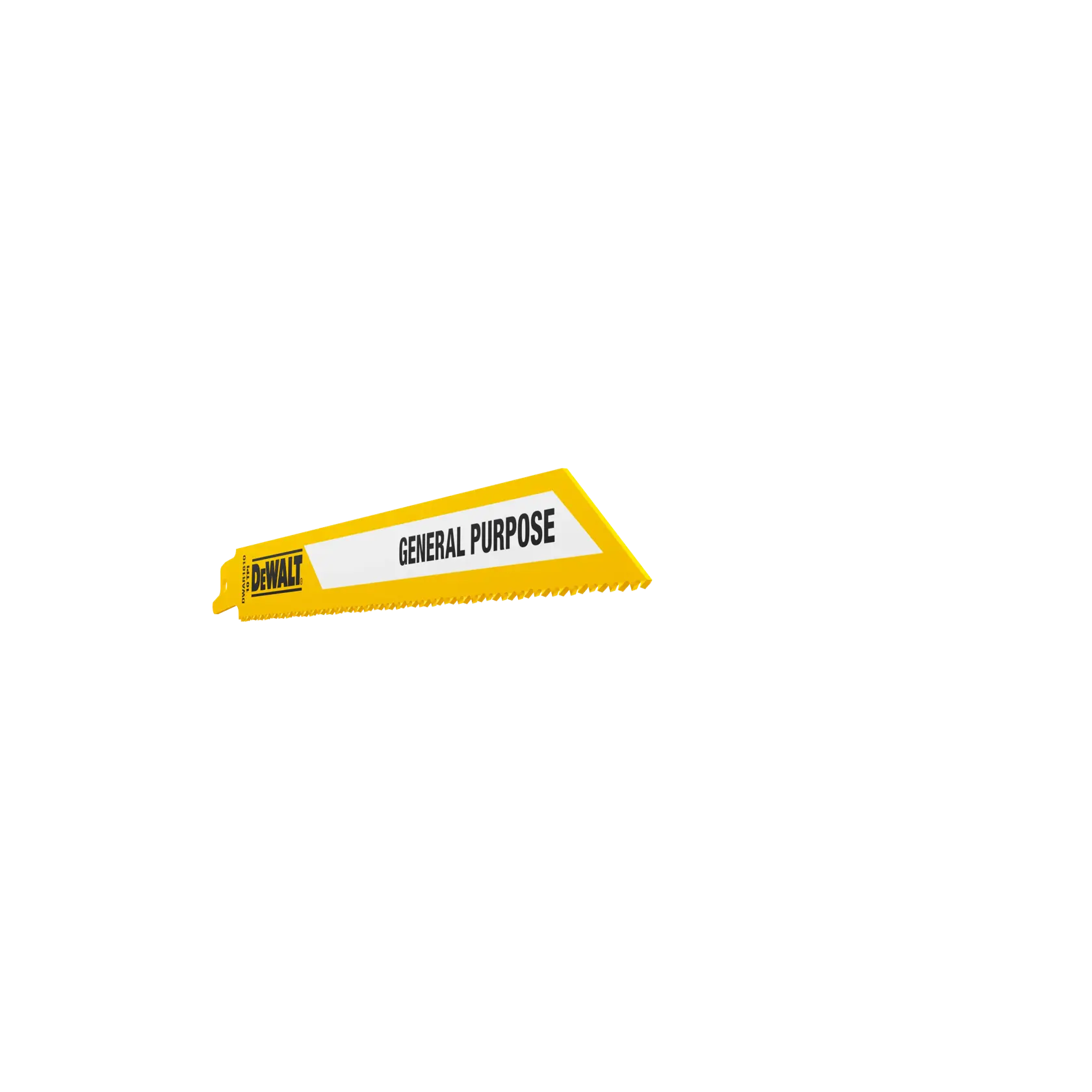 Yellow DEWALT reciprocating saw blade labeled 'General Purpose' for versatile cutting tasks.