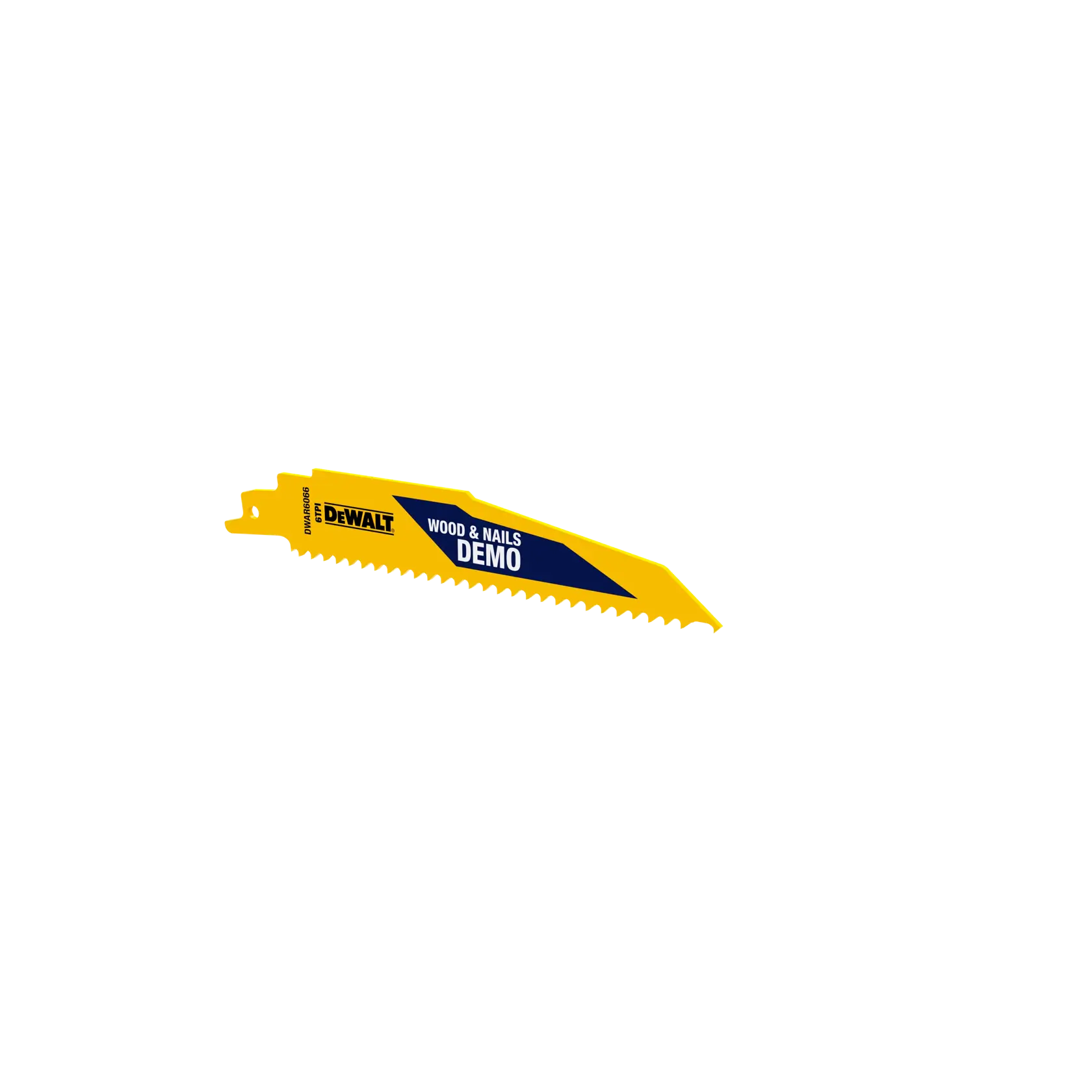 DEWALT yellow saw blade for wood and nails. Demo blade with sharp teeth, model DWAR6066.