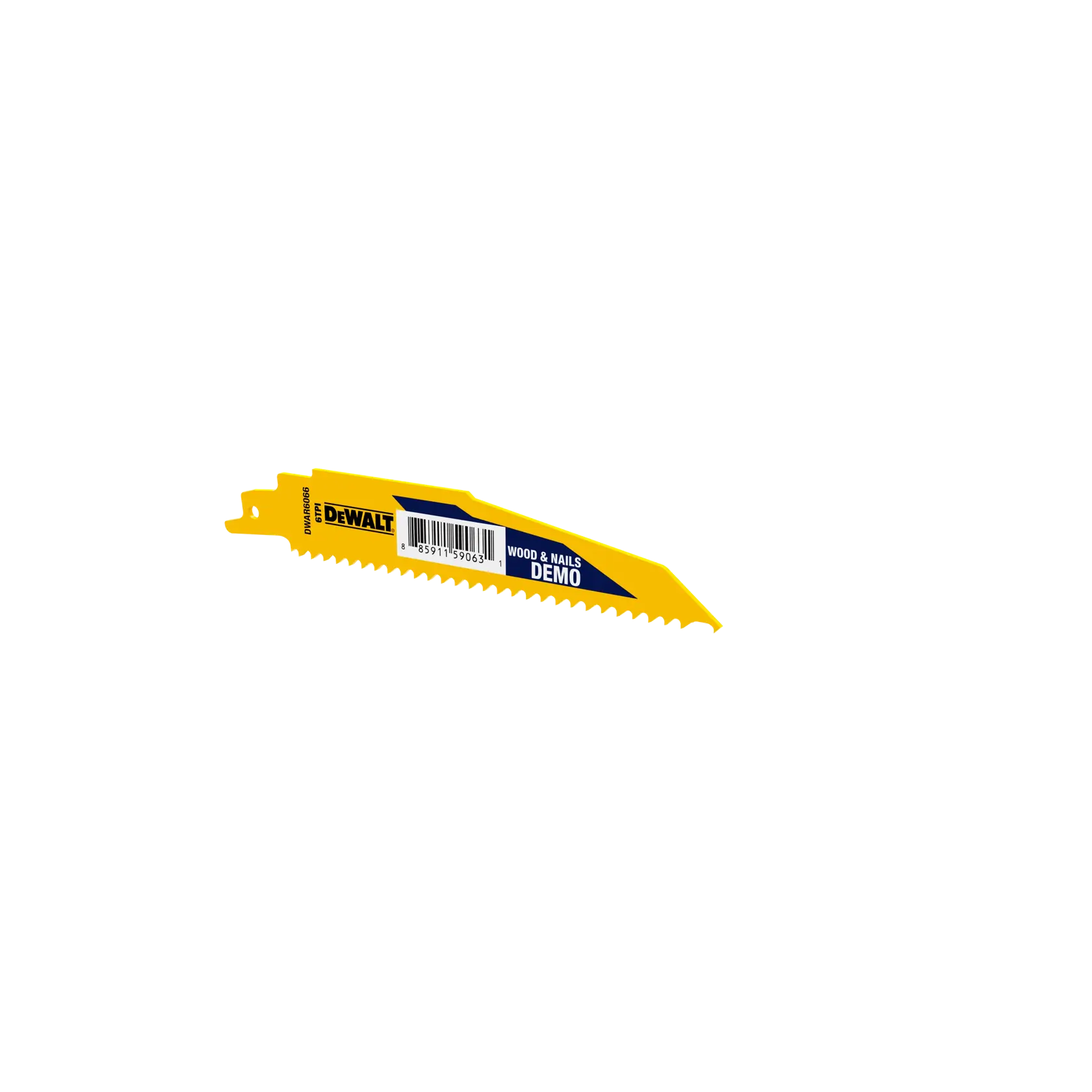 DEWALT yellow reciprocating saw blade for wood and nails, part number DWAR6066N25, isolated on white.
