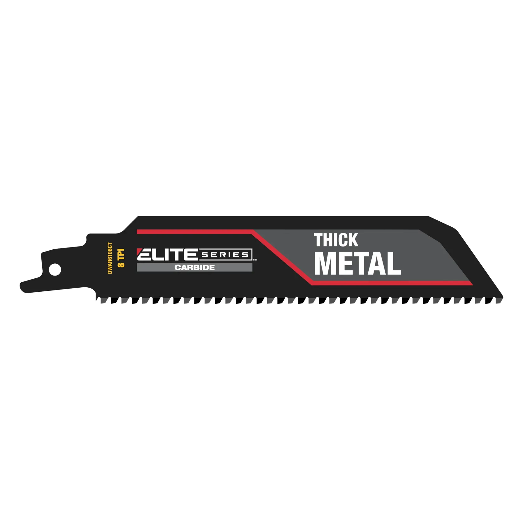 DEWALT Elite Series carbide saw blade for thick metal, with 8 TPI teeth, black and red design.