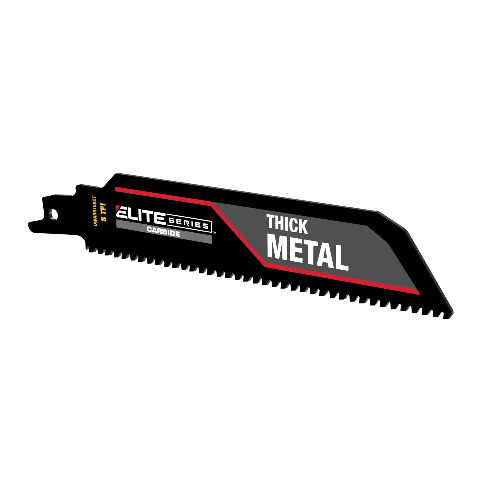 DEWALT carbide saw blade for thick metal, Elite Series, 8 TPI, black with red accents.