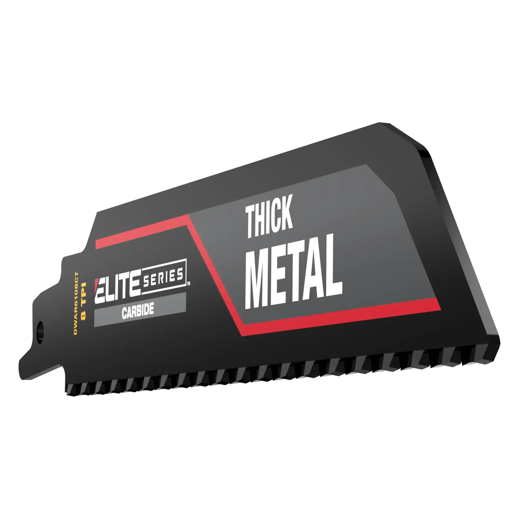 DEWALT Elite Series carbide blade for thick metal, black with red and white accents.