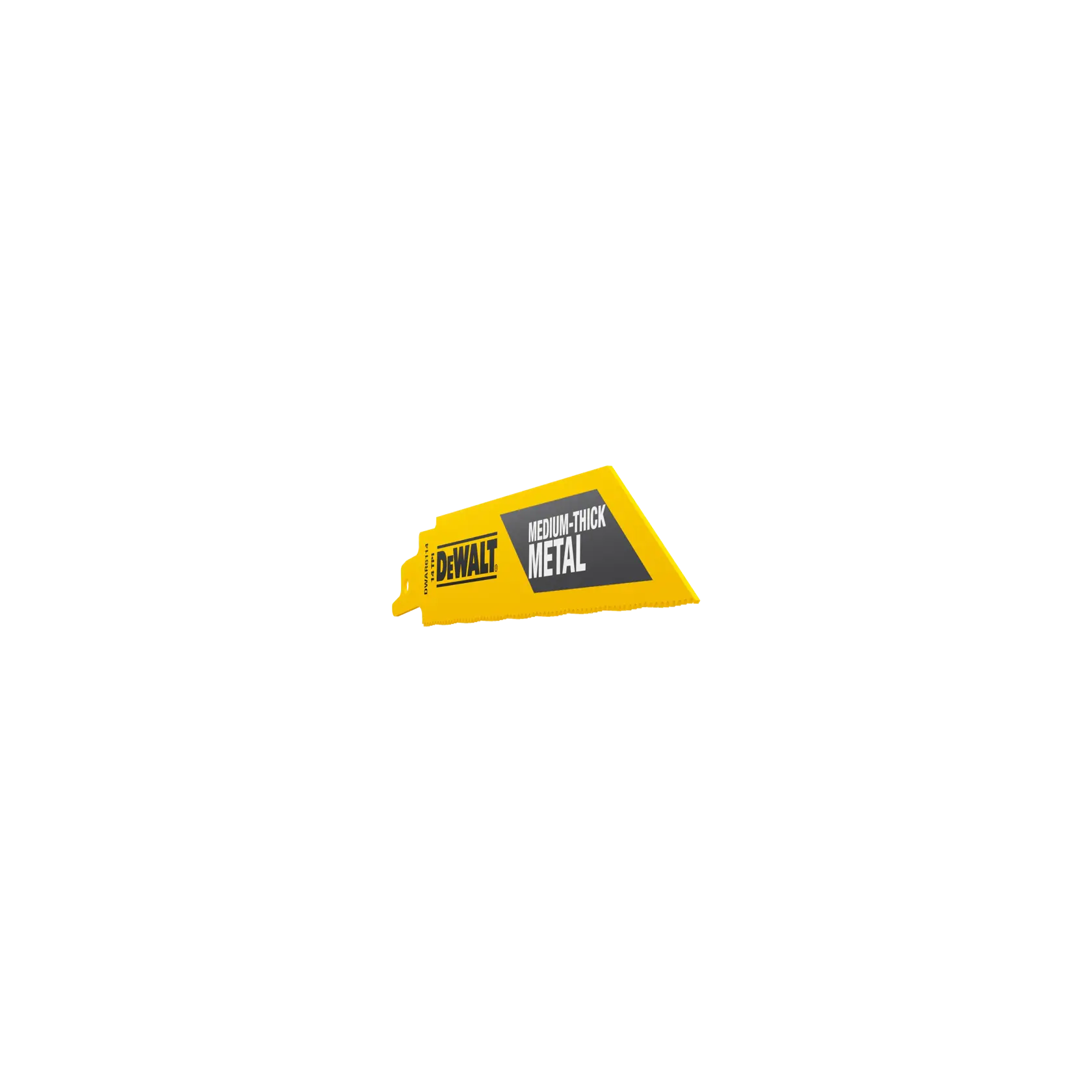 Yellow DEWALT saw blade labeled for cutting medium-thick metal, isolated on a white background.