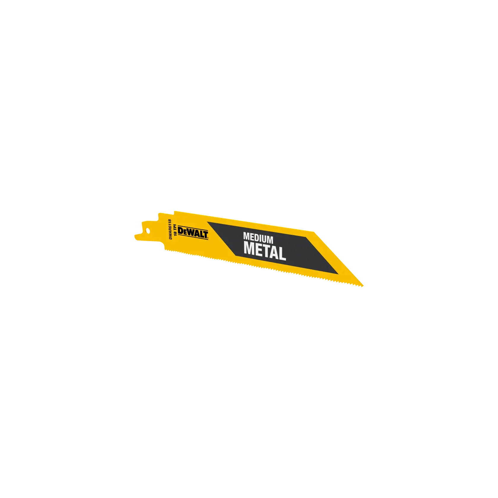 DEWALT reciprocating saw blade labeled for medium metal cutting, yellow with black and white text.