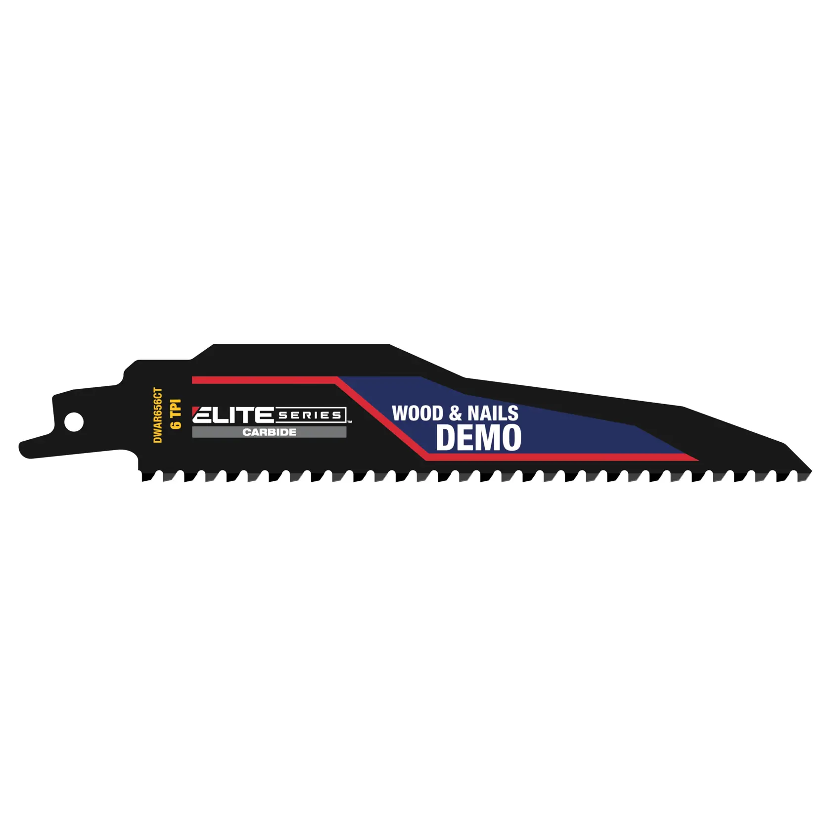 DEWALT Elite Series carbide saw blade for wood and nails, black with demo label and 6 TPI marking.
