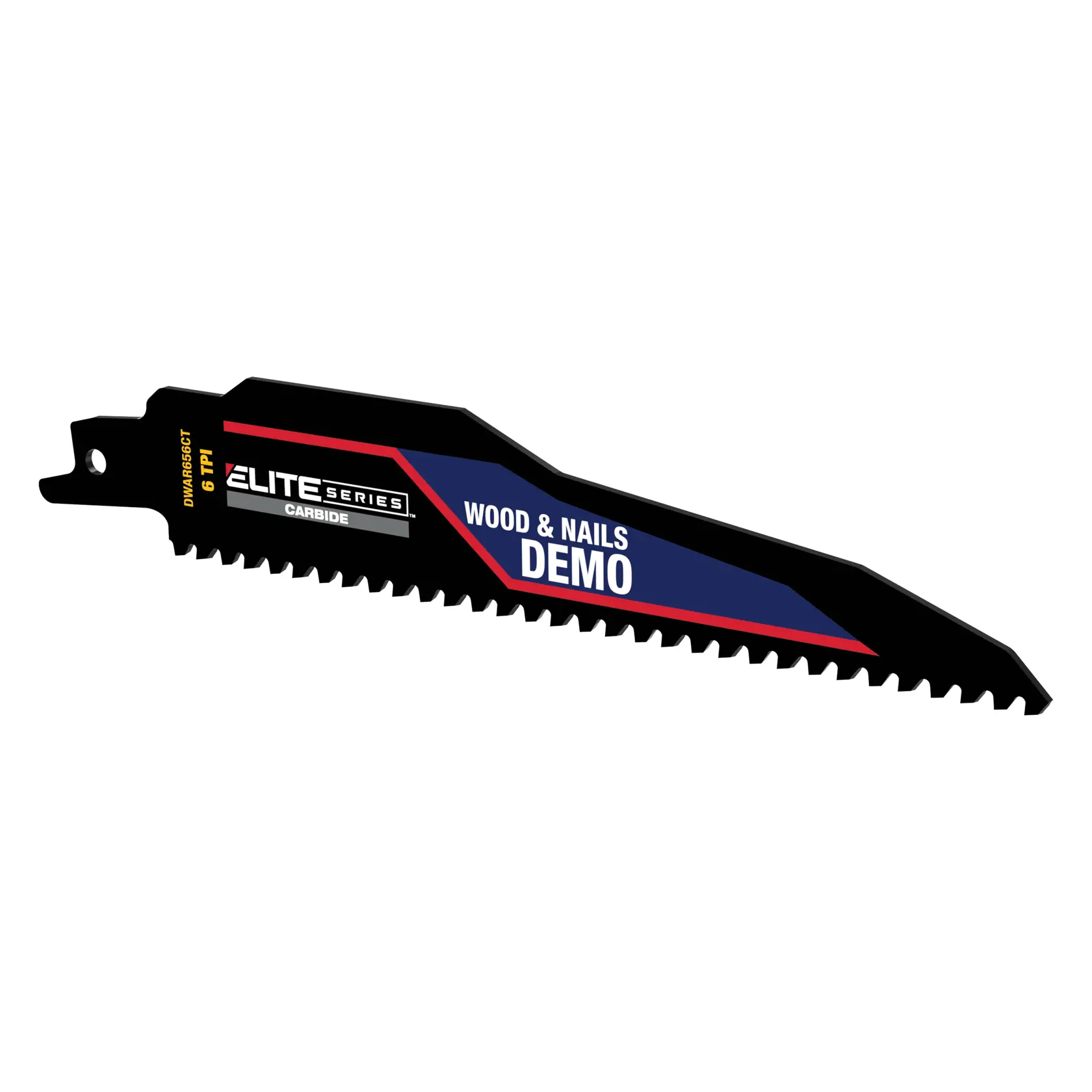 DEWALT Elite Series carbide saw blade for wood and nails, demo use, black with product labels.