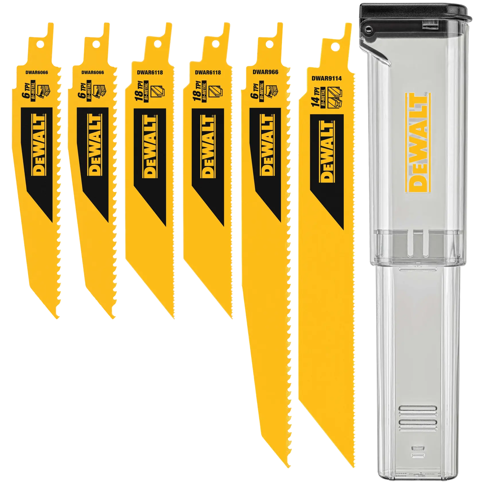 Profile of  6 bi metal reciprocating saw blades with case.