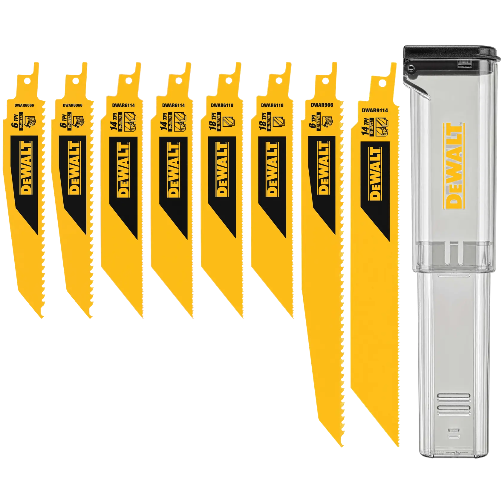 Profile of  8 bi metal reciprocating saw blades with case.