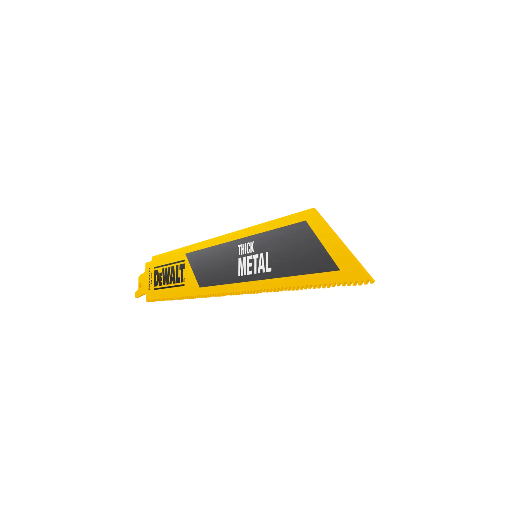 DEWALT yellow reciprocating saw blade labeled for cutting thick metal.