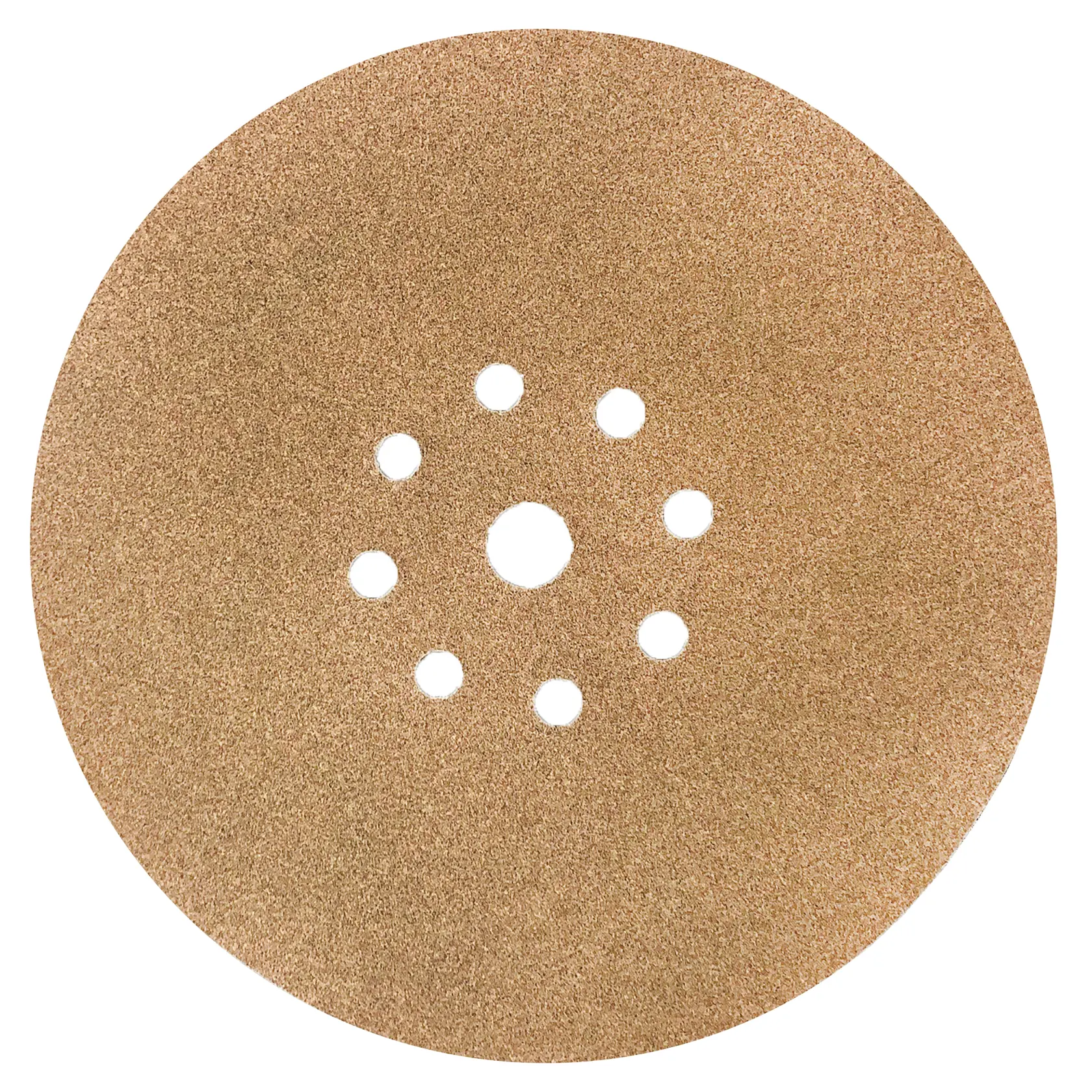 A round sandpaper disc with multiple small holes in the center, suitable for use with a sander.