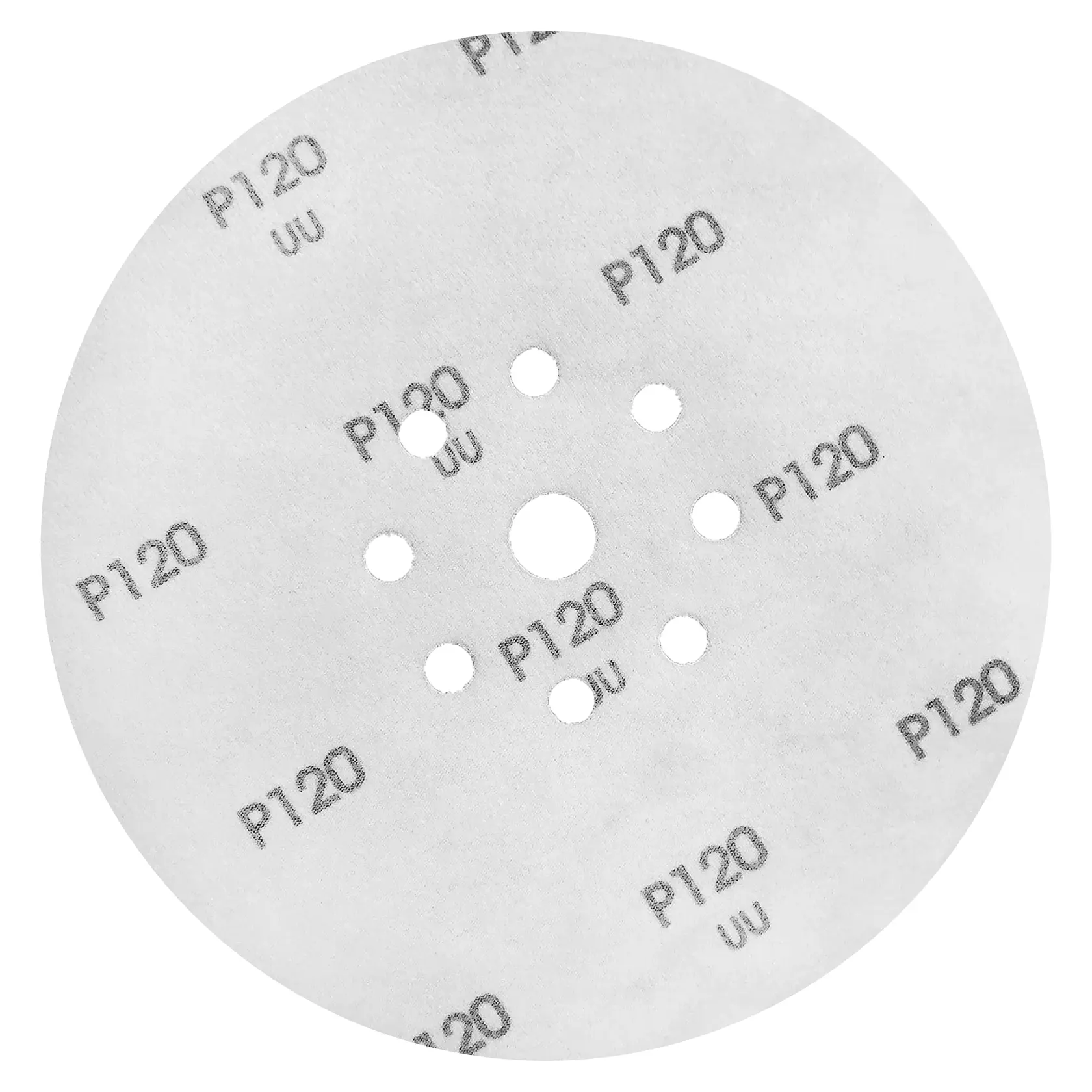 A circular DEWALT sanding disc with multiple holes in the center and the label 'P120' printed repeatedly across its surface.
