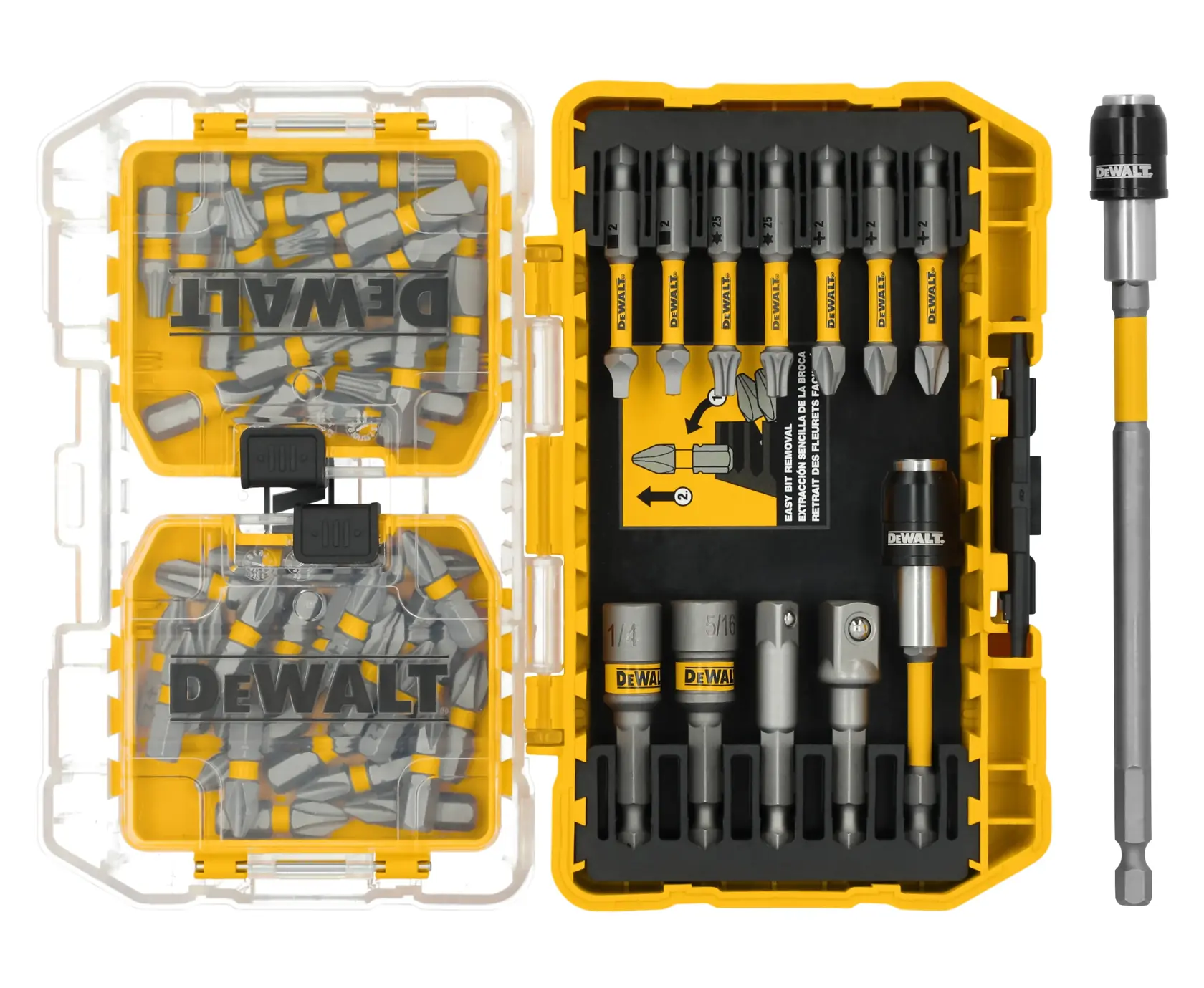 A DEWALT branded yellow and black plastic case containing a set of screwdriver bits, drill bits, and various bit holders organized in slots. The case is open, displaying multiple types and sizes of bits on both sides.