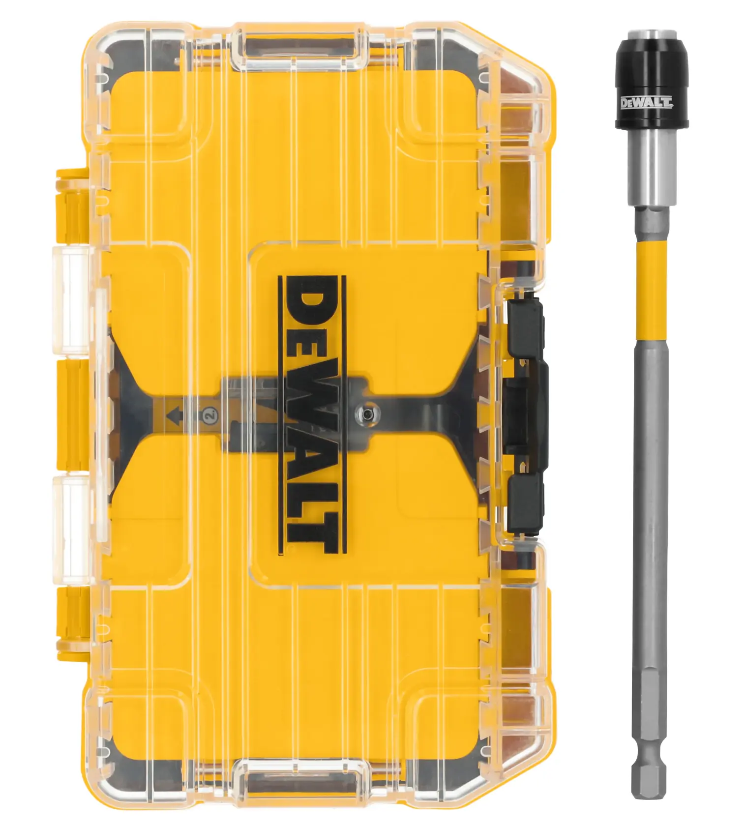 A DEWALT drill bit set with a transparent yellow plastic case and a single magnetic bit holder extension shown beside the case.