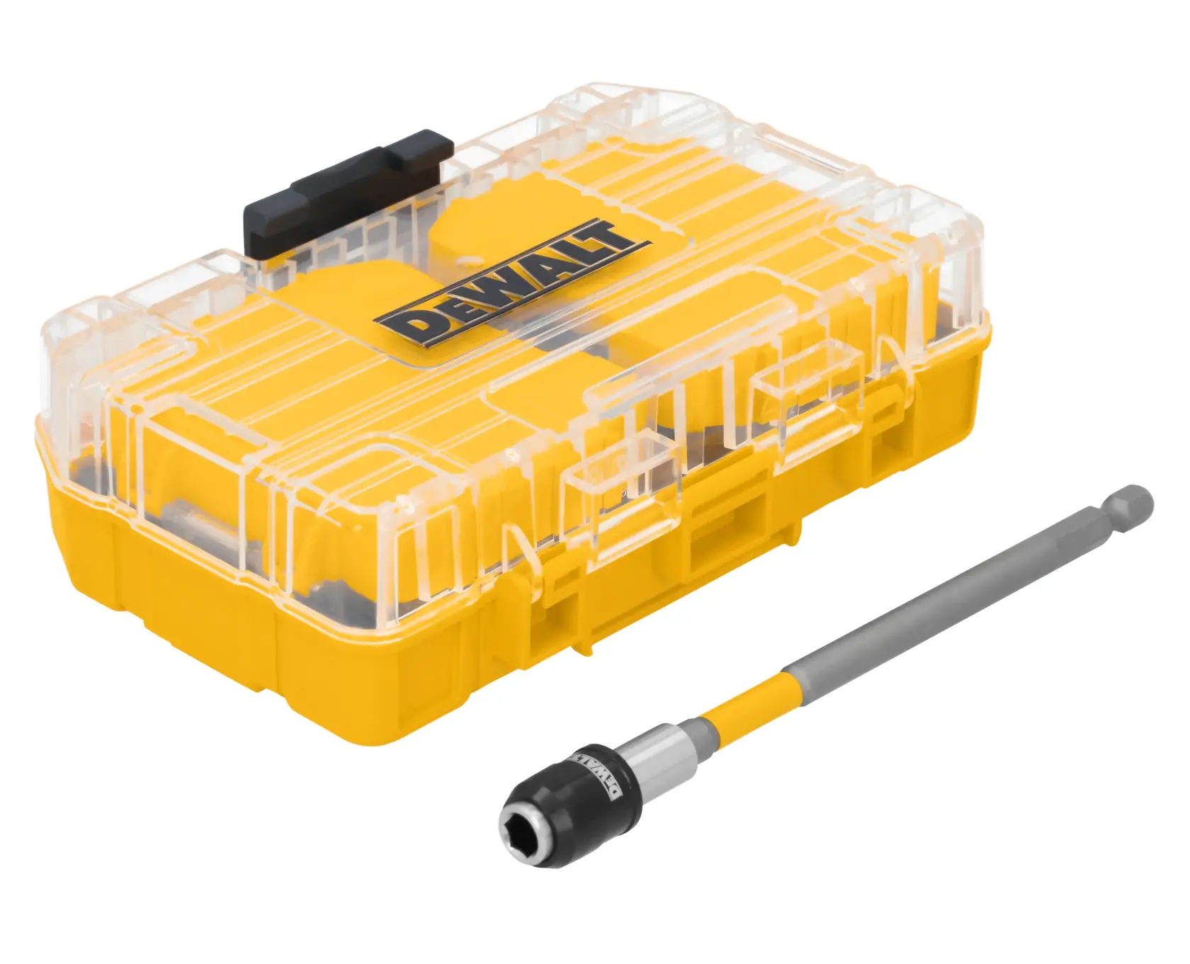 A DEWALT yellow and transparent plastic storage case with a tool bit extension placed beside it.