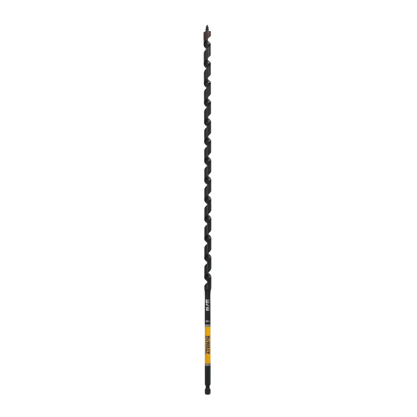 A DEWALT branded long black auger drill bit, shown vertically on a white background. The bit has a spiral design and a hex shank.