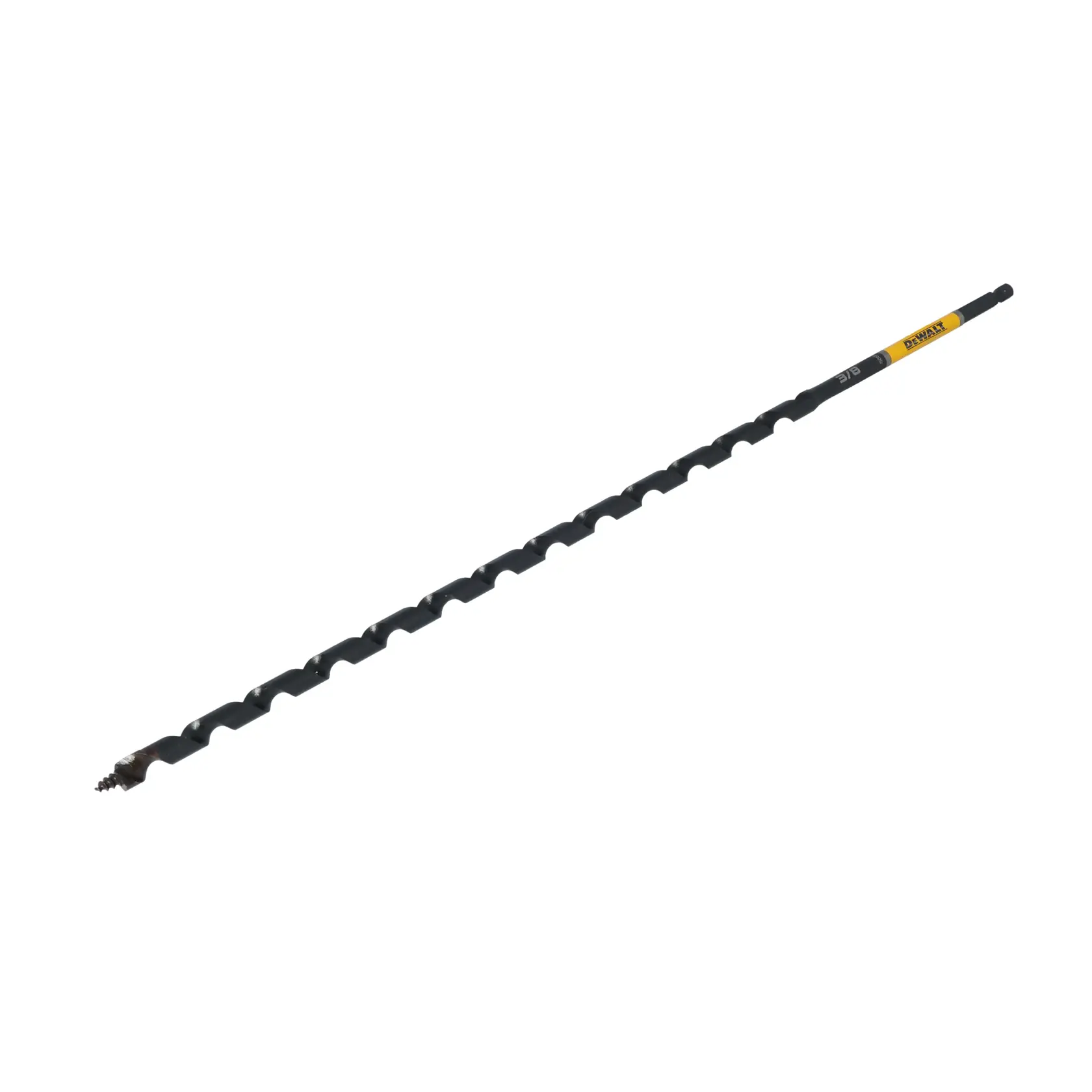 A DEWALT branded long auger drill bit with a spiral design, shown against a white background.