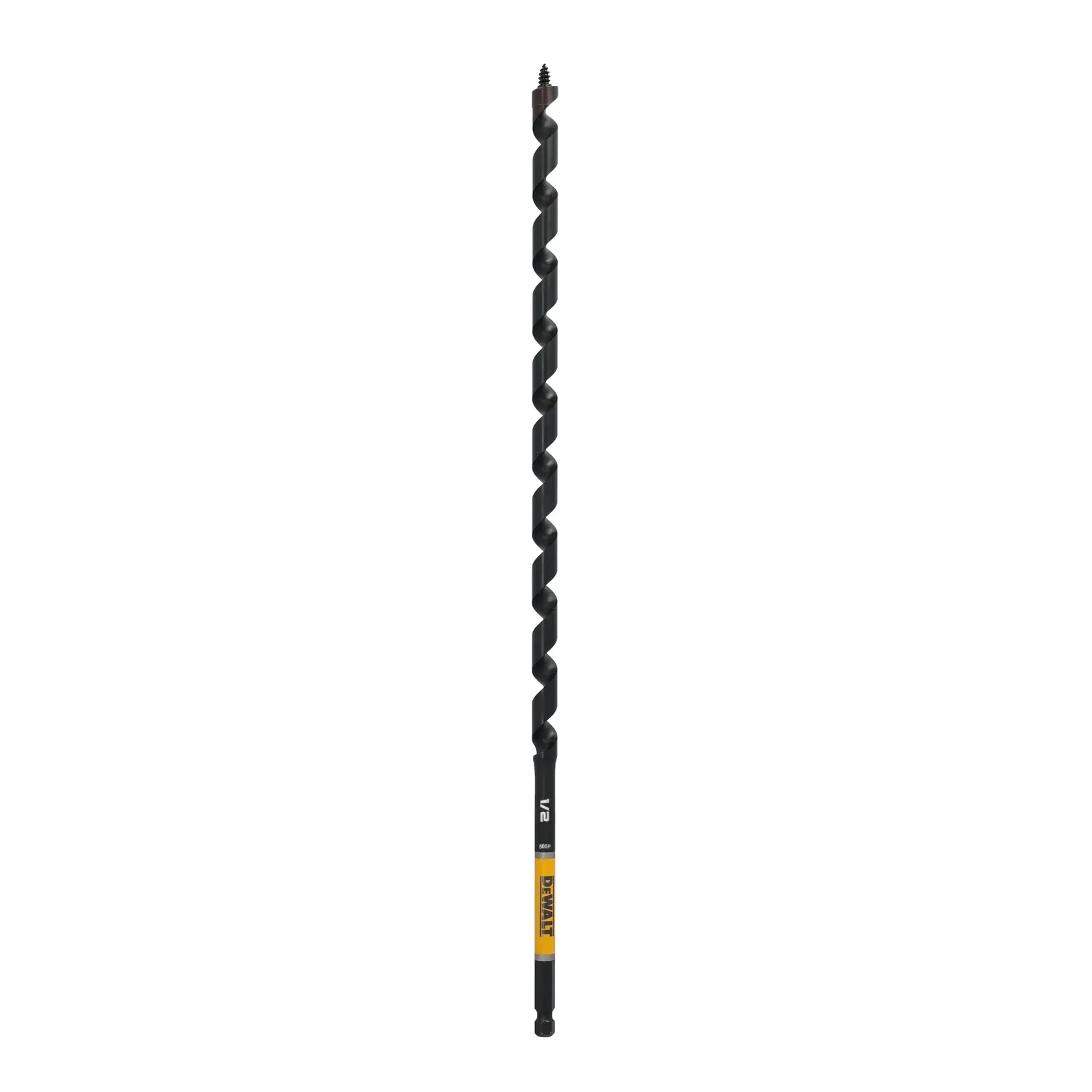 A DEWALT branded long, black auger drill bit with a spiral design and a hex shank, shown against a white background.