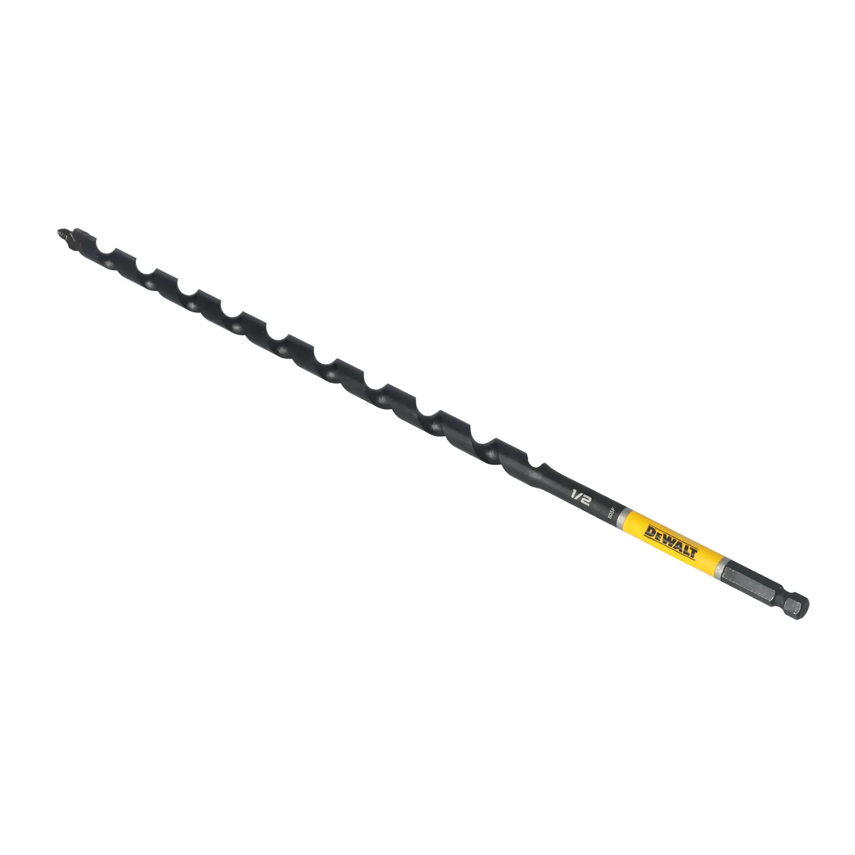 A DEWALT 1/2-inch auger drill bit with a black spiral shaft and a yellow label, designed for woodworking and heavy-duty drilling tasks.