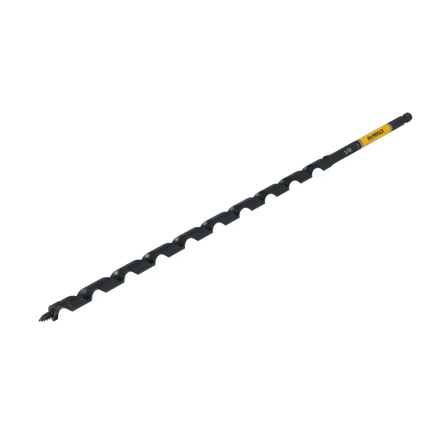 A DEWALT branded auger drill bit with a spiral design and a screw tip, intended for drilling into wood.