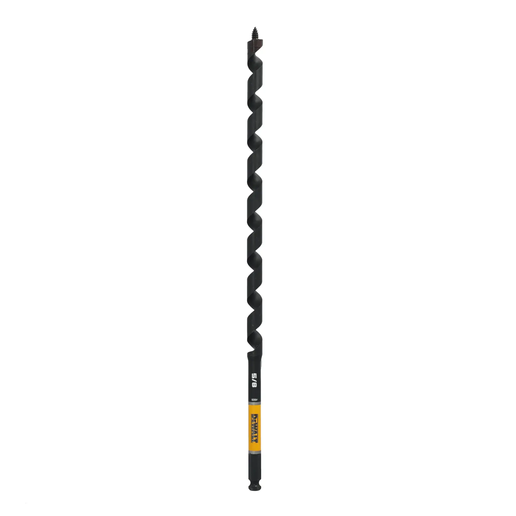 A long, black auger drill bit with a spiral design, branded DEWALT, shown vertically against a white background.
