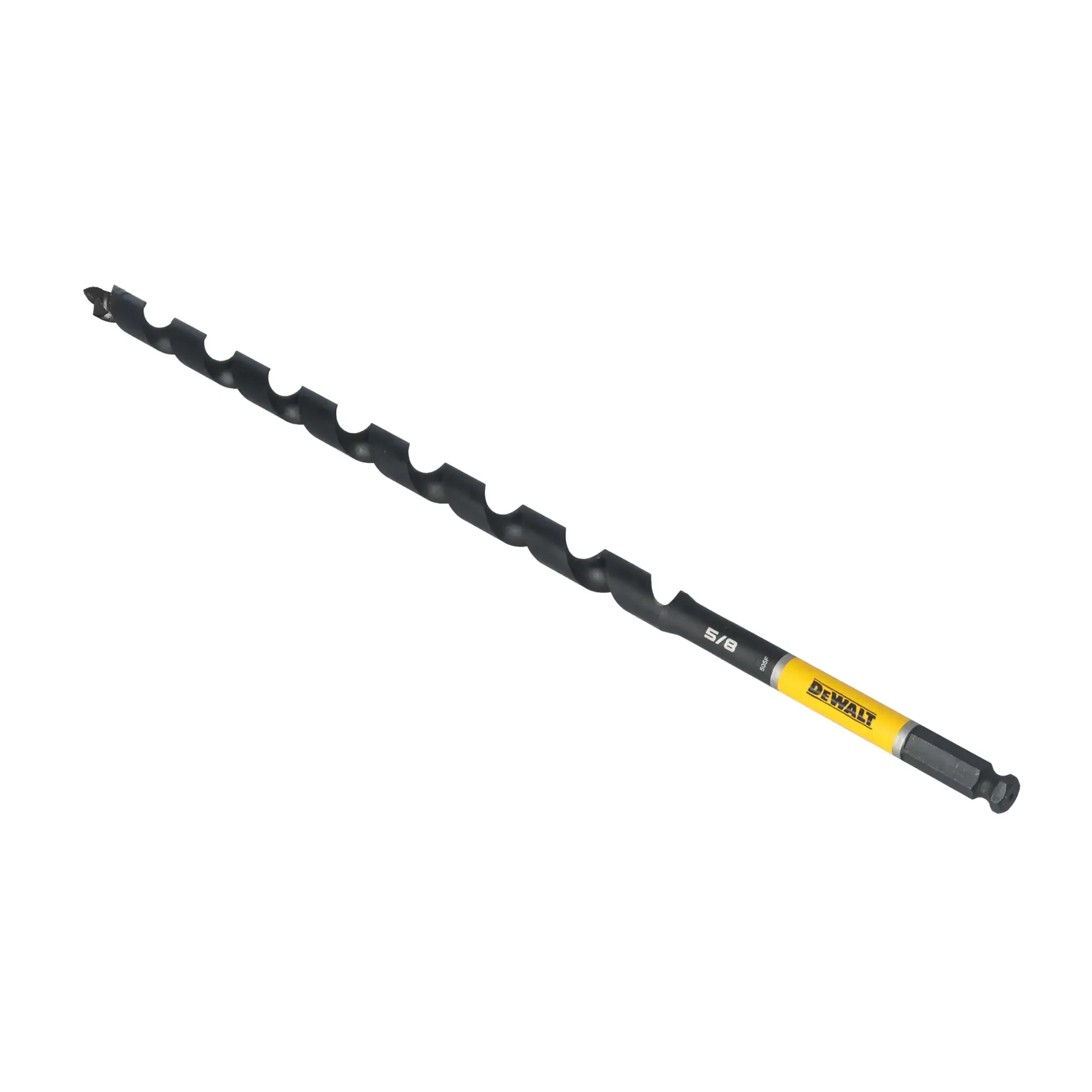 A DEWALT branded auger drill bit with a spiral design and hex shank.