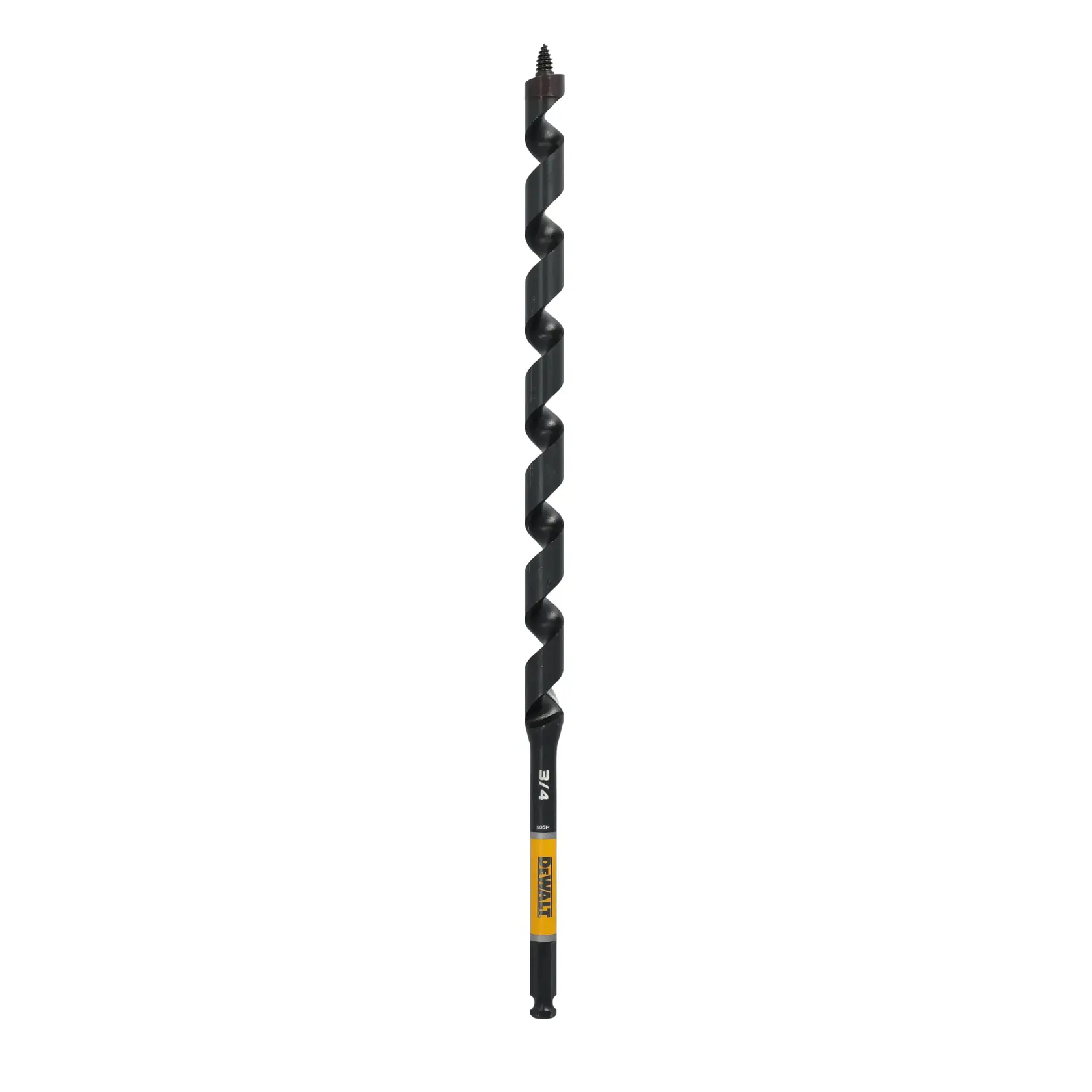 A single long black auger drill bit with a spiral design and a labeled yellow section near the base, photographed against a plain white background.