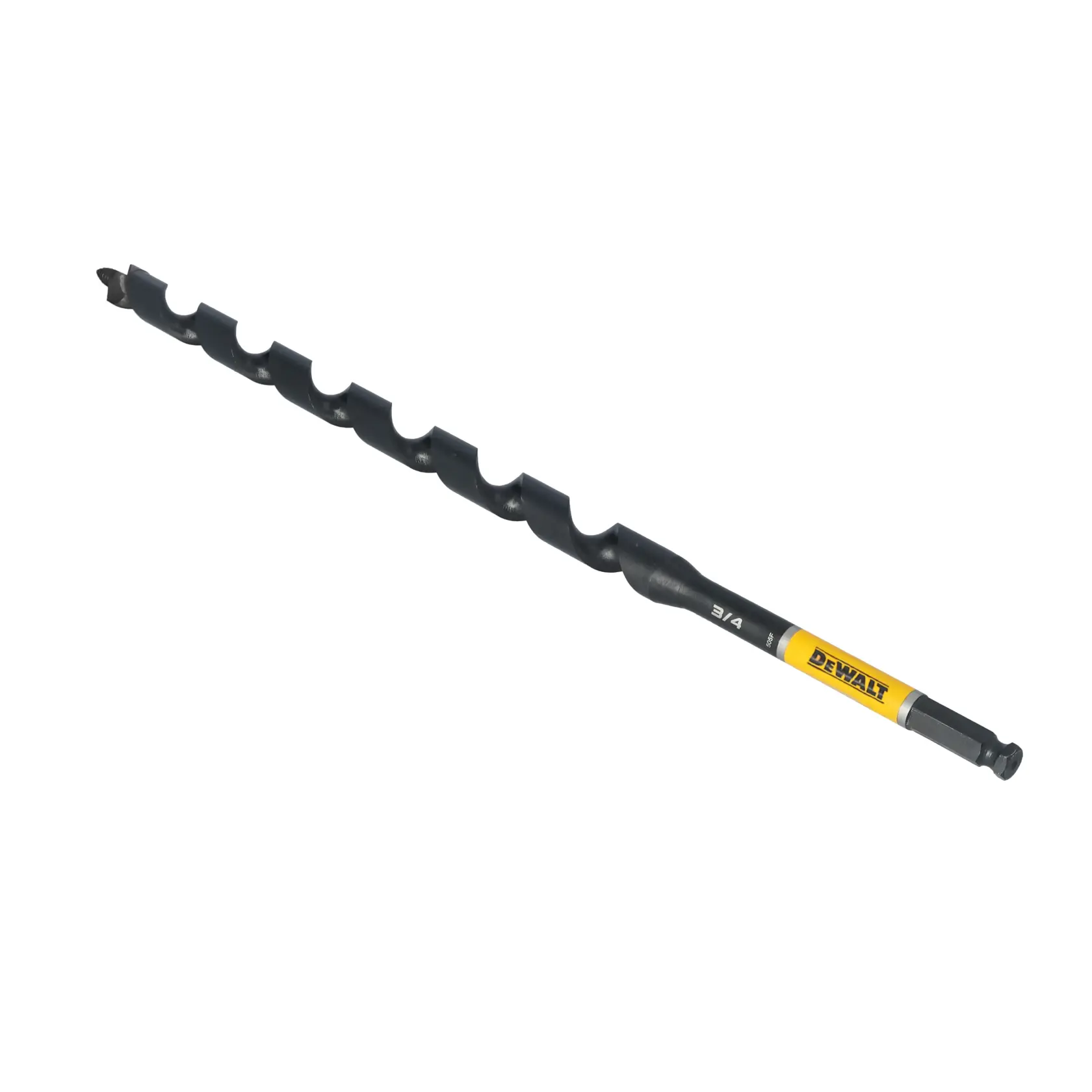 A DEWALT branded auger drill bit with a black spiral design and a yellow label, shown on a white background.