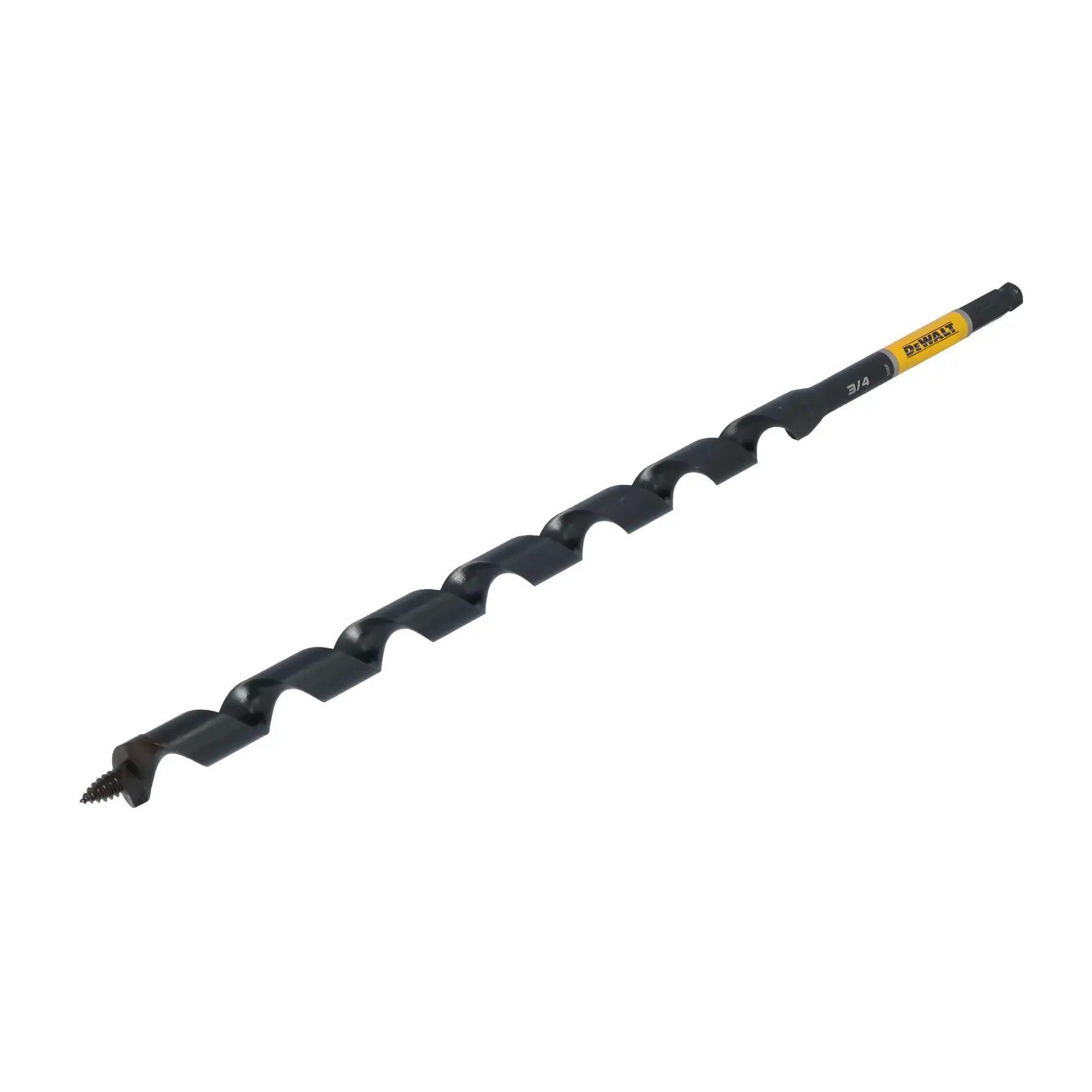 A DEWALT auger drill bit with a spiral design and screw tip, shown against a white background.