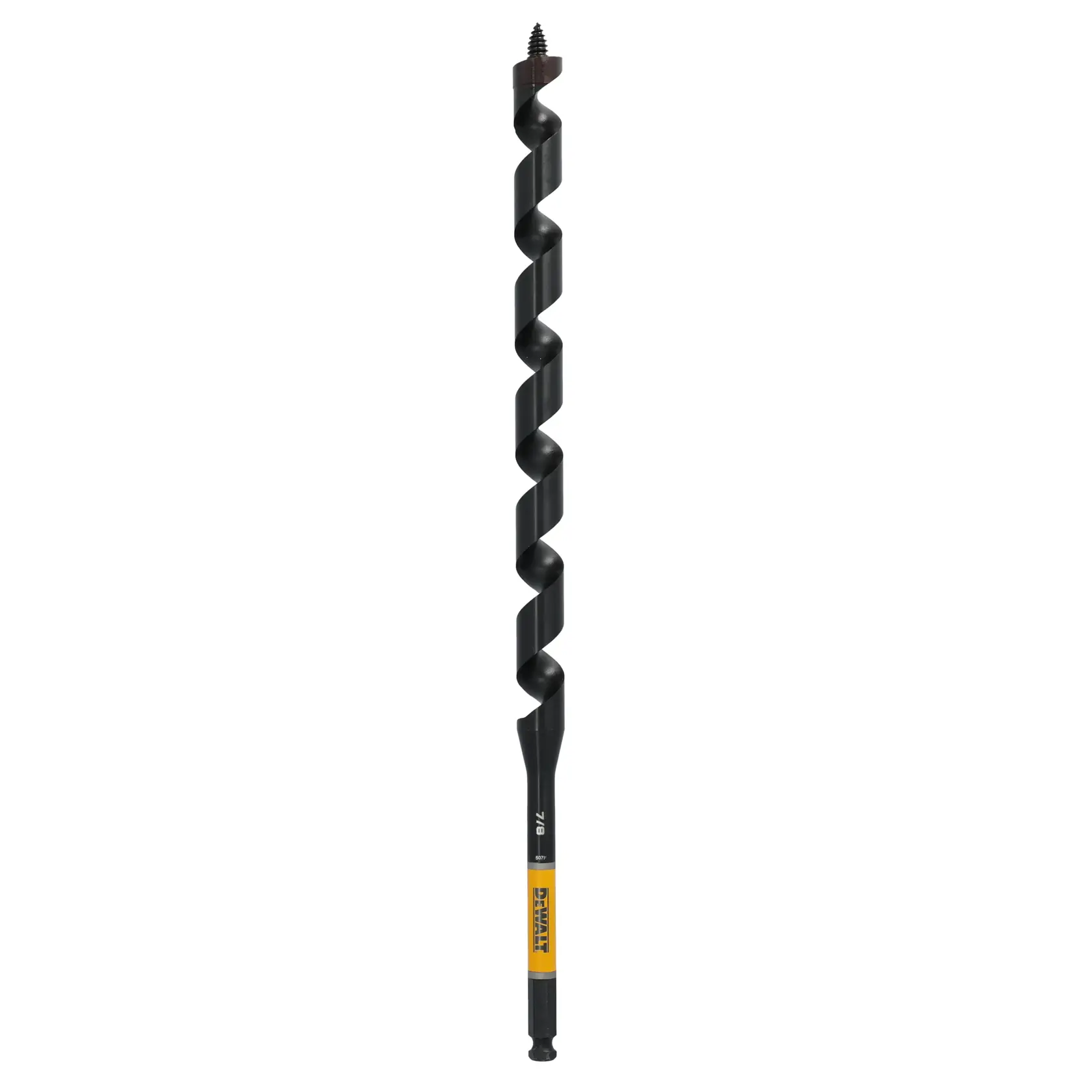 A DEWALT branded auger drill bit with a spiral design, intended for use with power tools for drilling holes in wood.