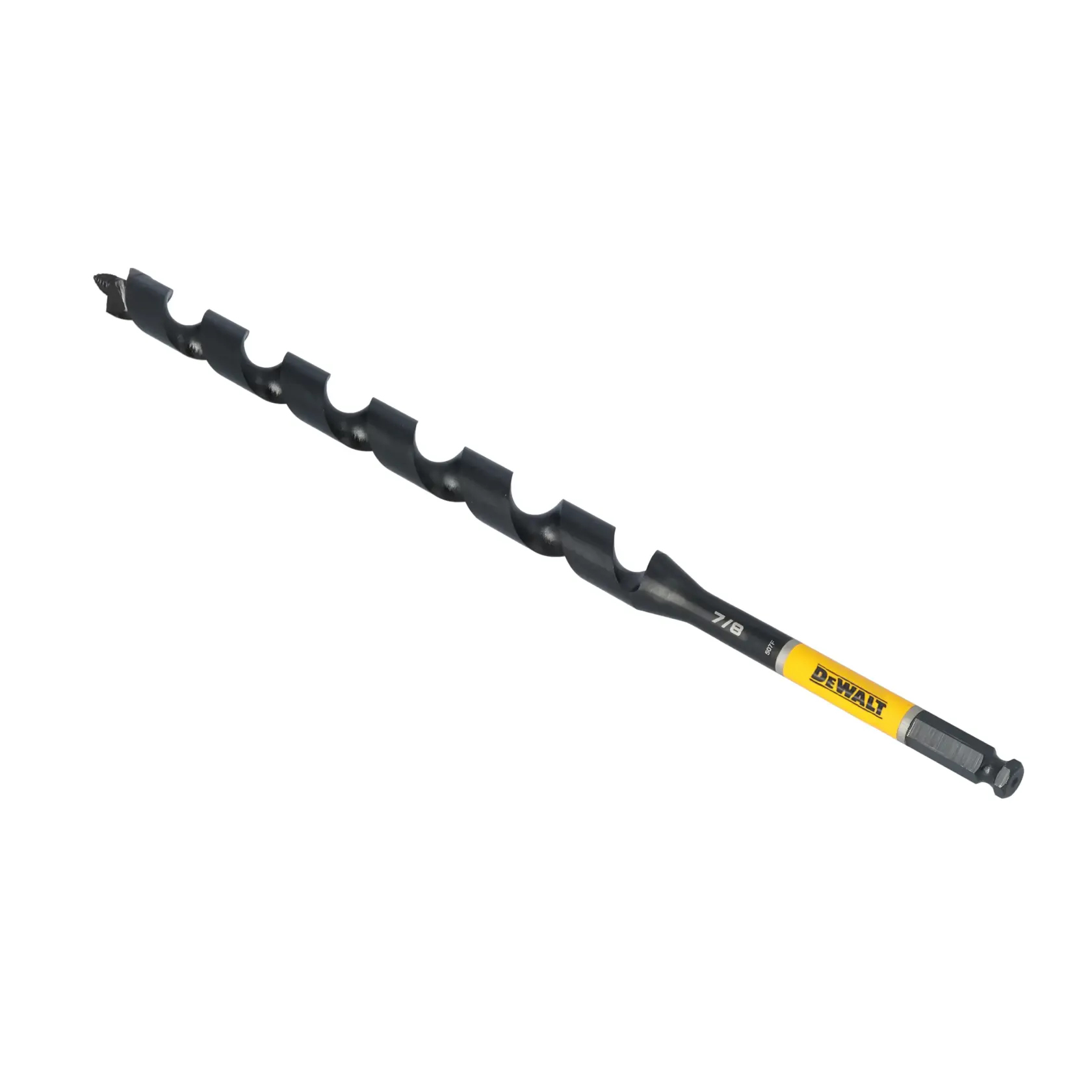 A DEWALT auger drill bit with a spiral design, labeled 7/16 inch, designed for drilling into wood. The handle section features the DEWALT logo and product information.