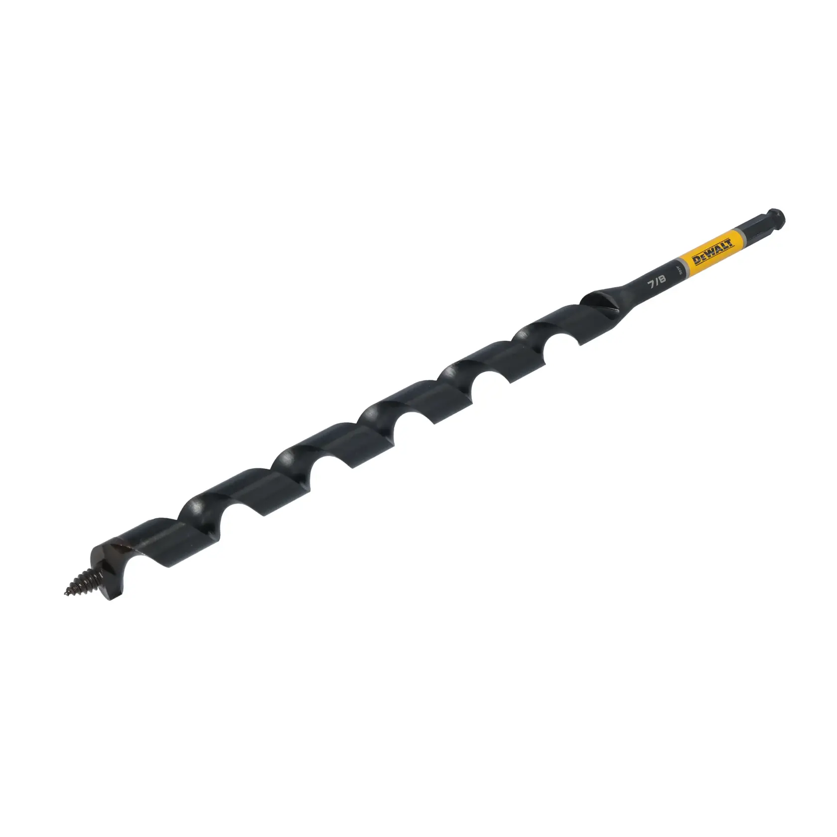 A DEWALT branded auger drill bit for woodworking, featuring a spiral fluted design and a screw tip.